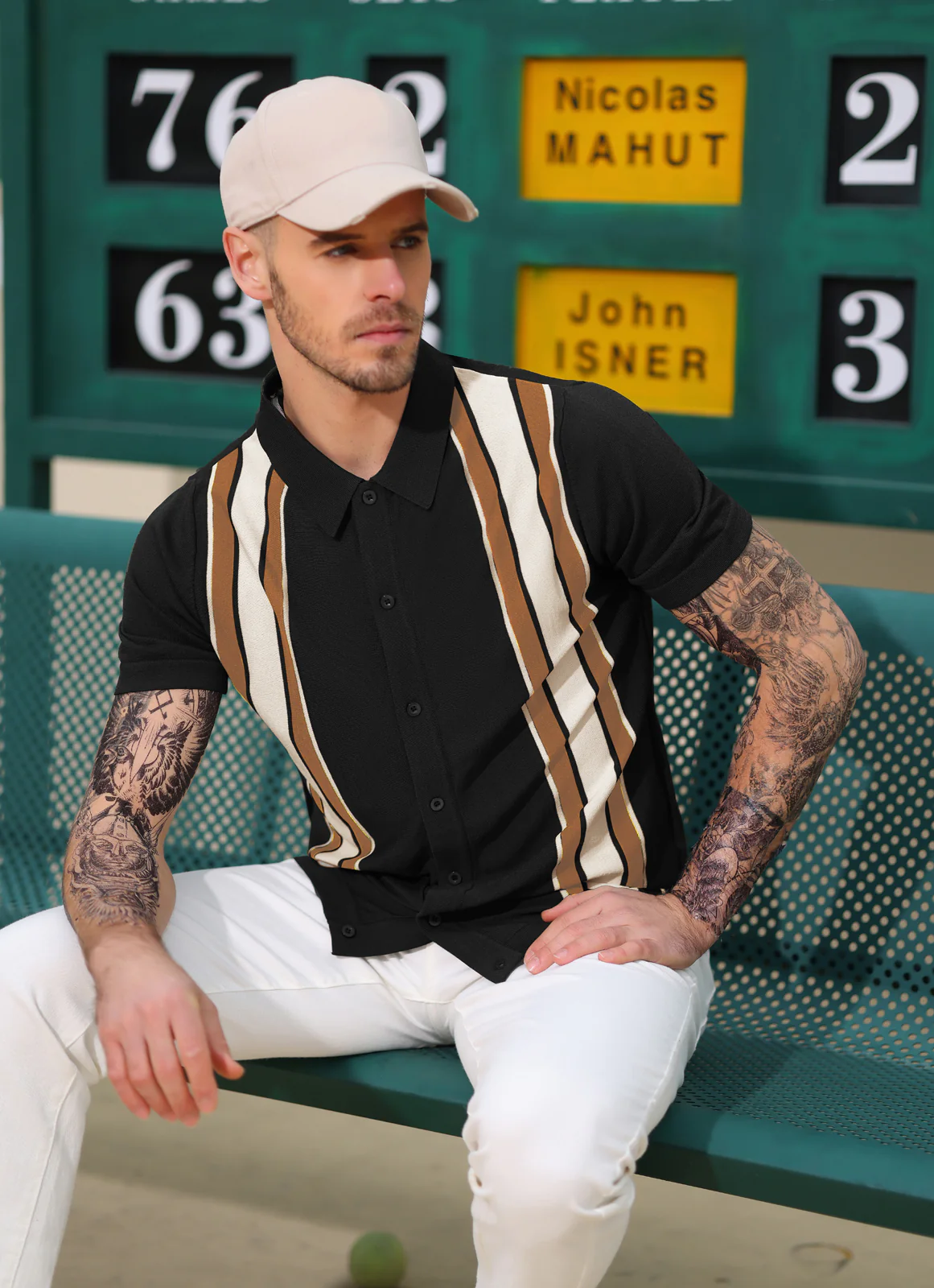 Mens Polo Shirts Vintage Striped Lightweight Knitting Golf Cardigans Shirts - Image 45