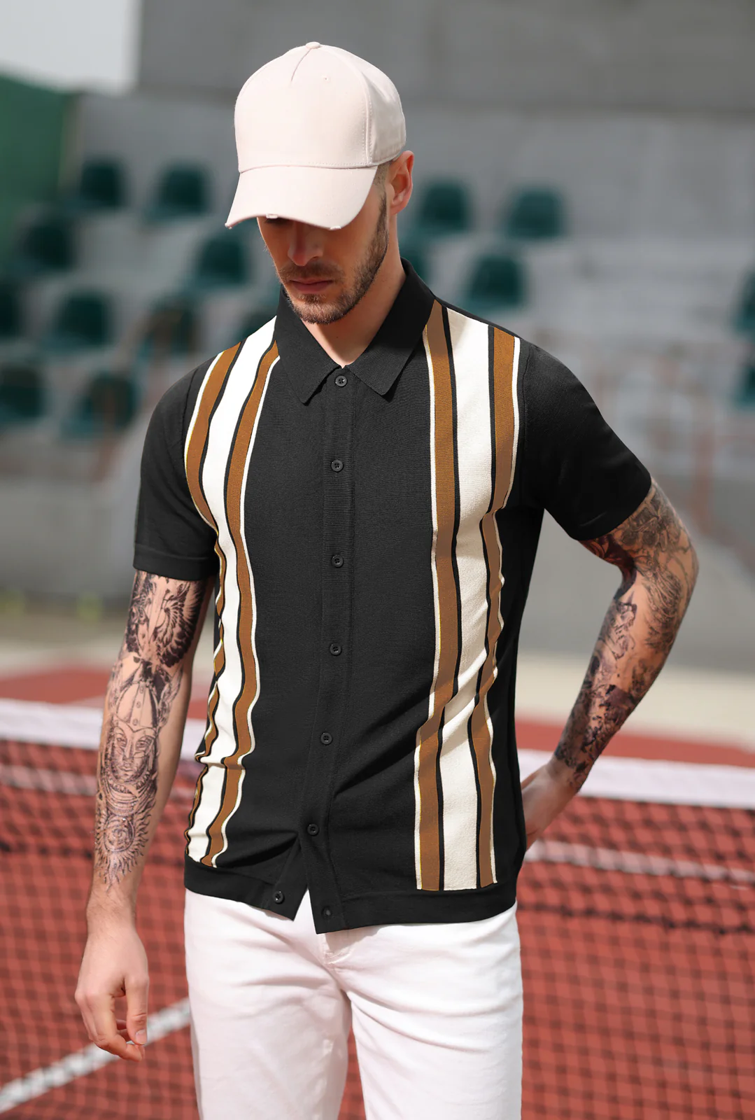 Mens Polo Shirts Vintage Striped Lightweight Knitting Golf Cardigans Shirts - Image 46
