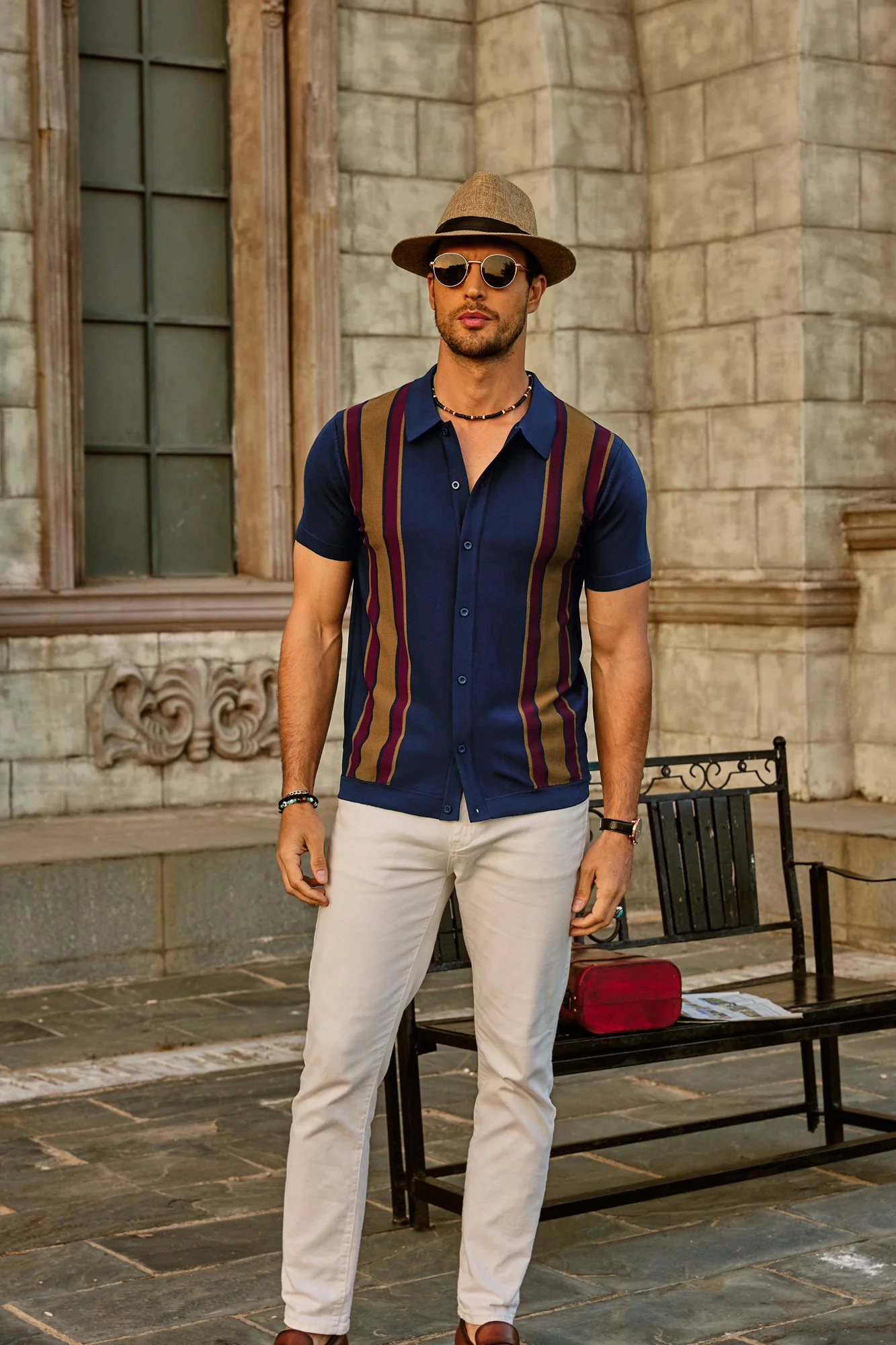 Mens Polo Shirts Vintage Striped Lightweight Knitting Golf Cardigans Shirts - Image 50