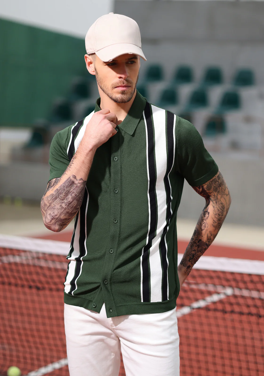 Mens Polo Shirts Vintage Striped Lightweight Knitting Golf Cardigans Shirts - Image 54