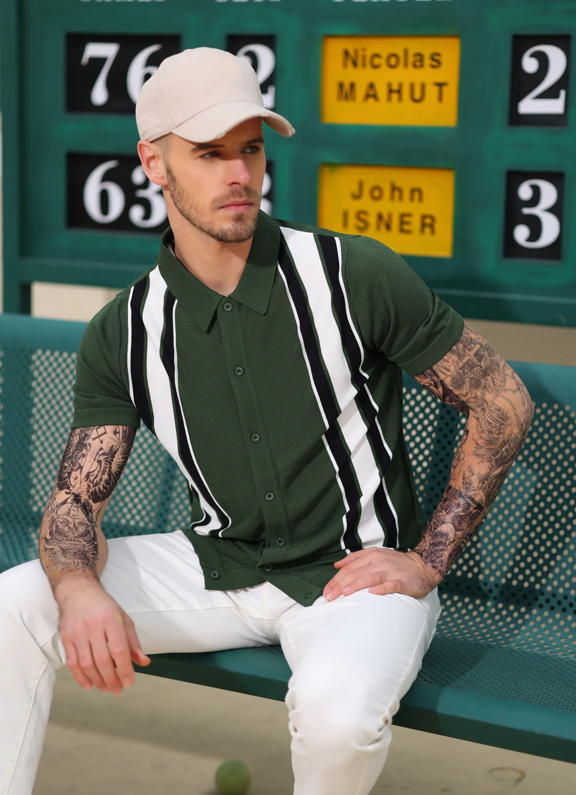 Mens Polo Shirts Vintage Striped Lightweight Knitting Golf Cardigans Shirts - Image 55