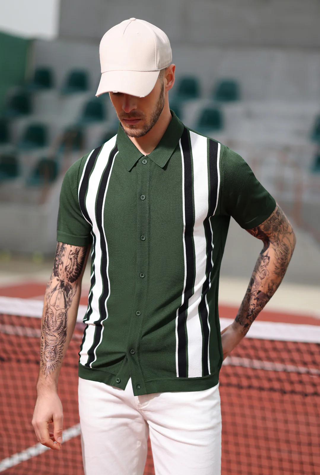 Mens Polo Shirts Vintage Striped Lightweight Knitting Golf Cardigans Shirts - Image 56