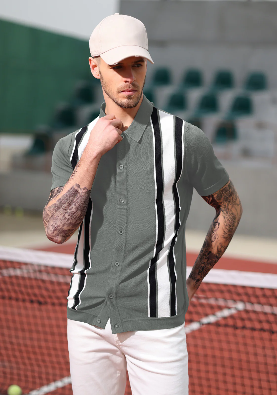 Mens Polo Shirts Vintage Striped Lightweight Knitting Golf Cardigans Shirts - Image 59