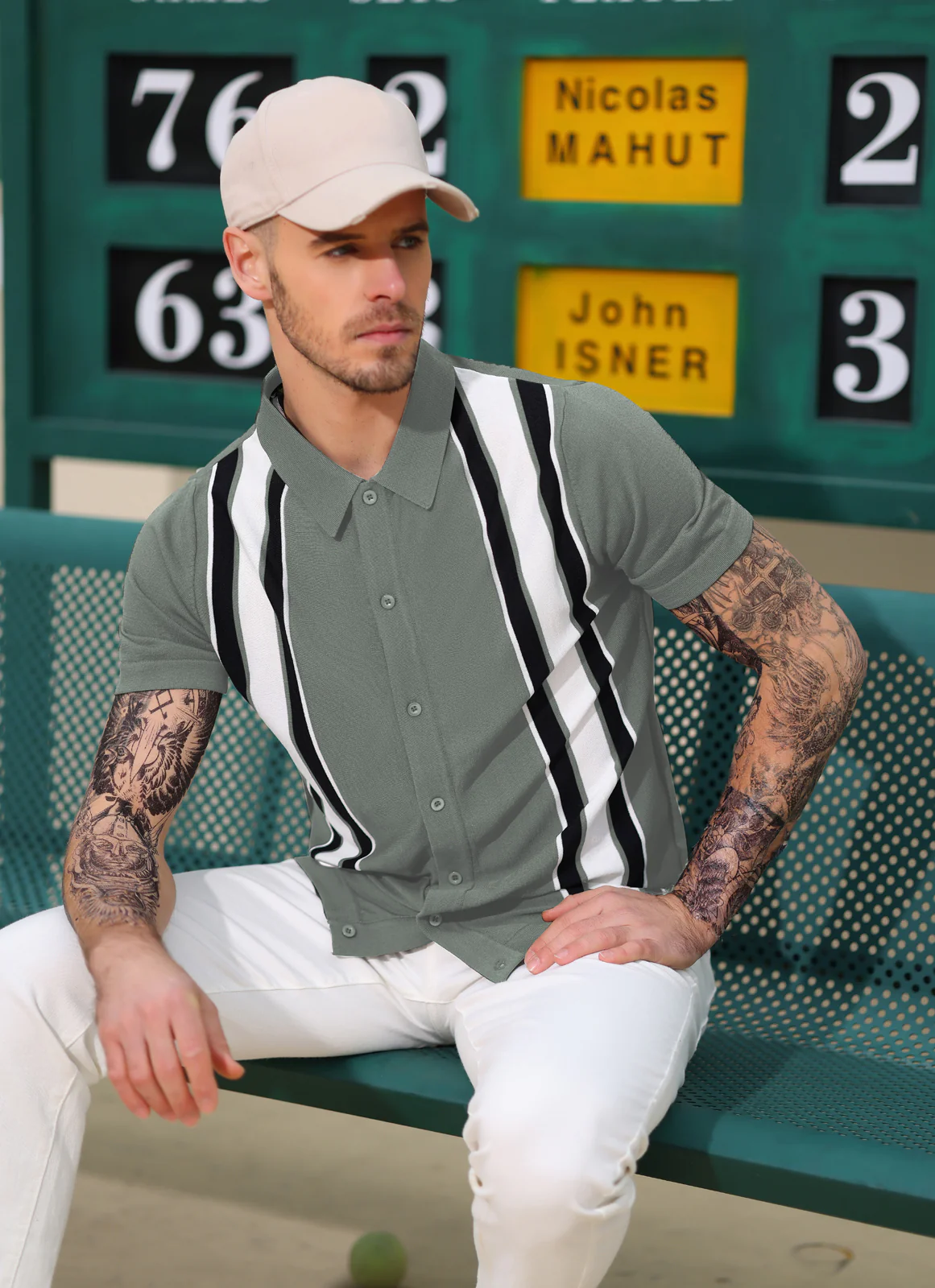 Mens Polo Shirts Vintage Striped Lightweight Knitting Golf Cardigans Shirts - Image 60