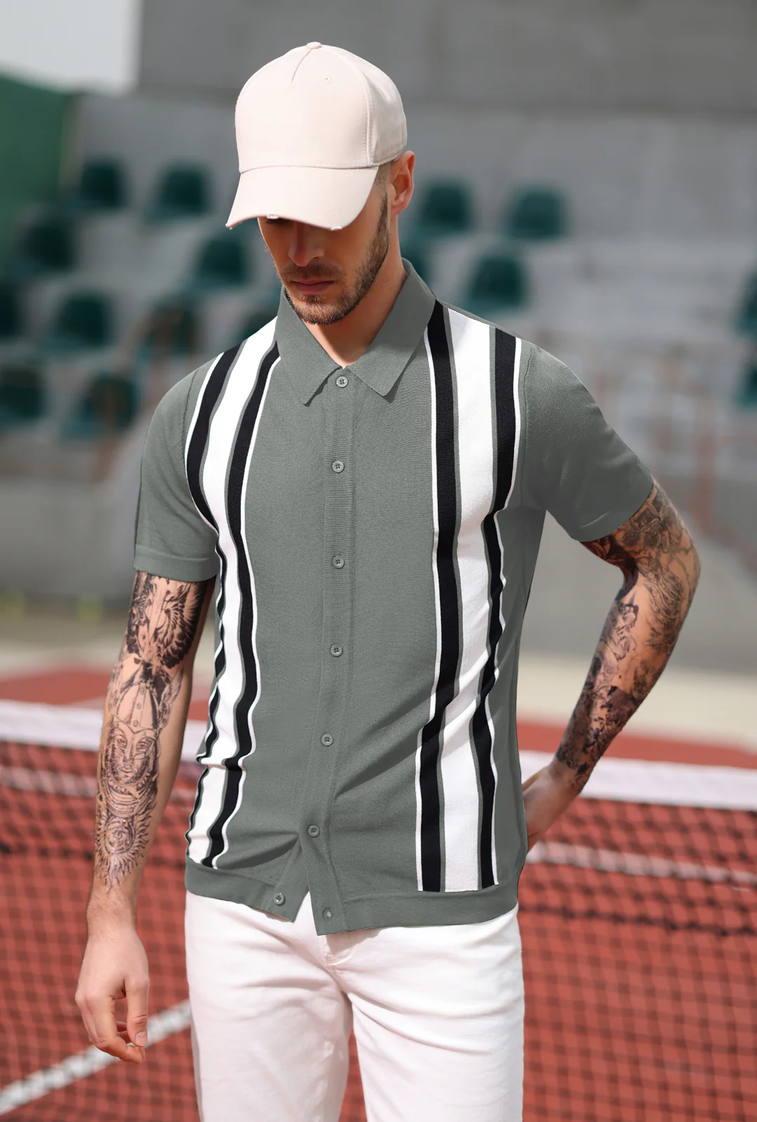 Mens Polo Shirts Vintage Striped Lightweight Knitting Golf Cardigans Shirts - Image 61