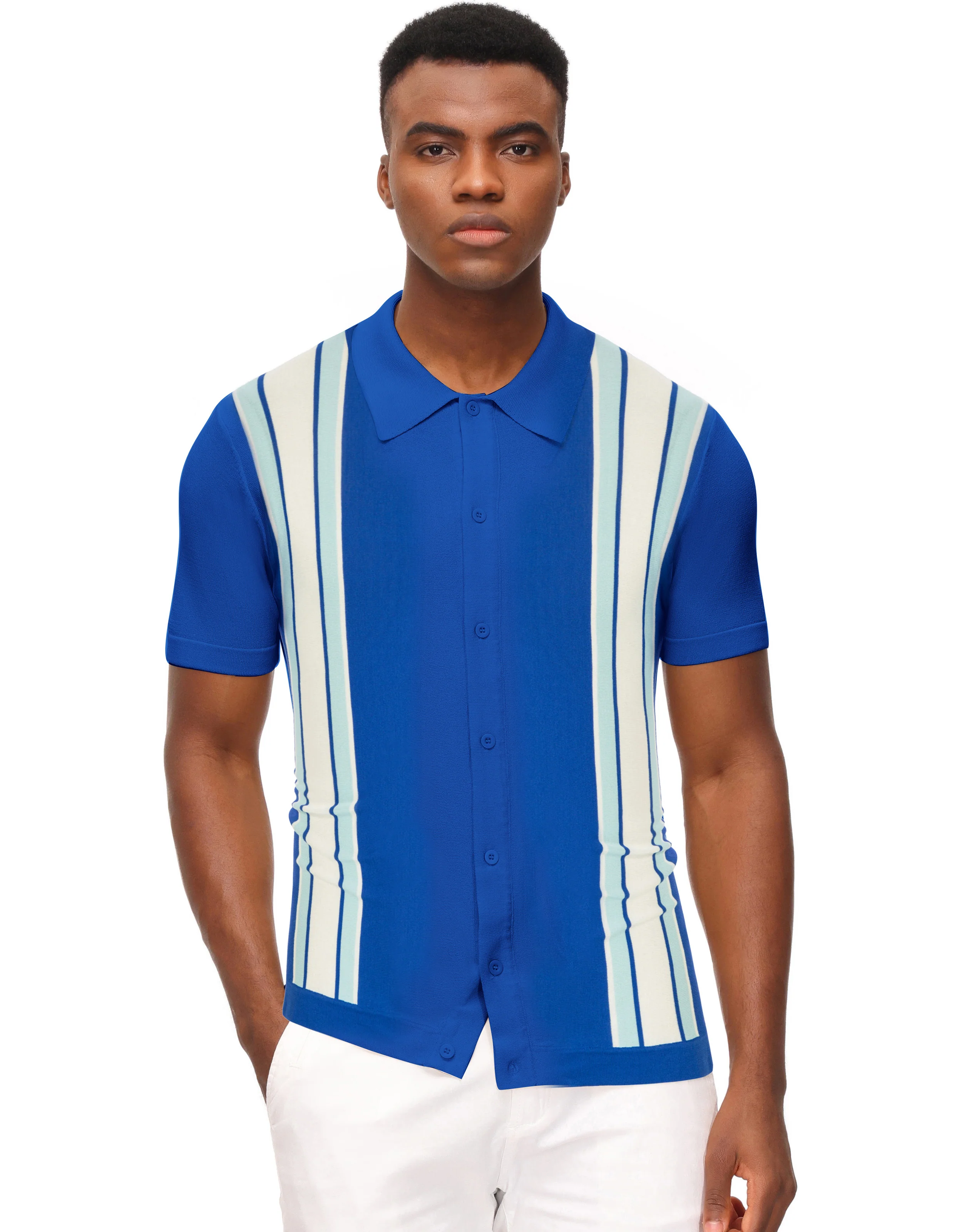Mens Polo Shirts Vintage Striped Lightweight Knitting Golf Cardigans Shirts - Image 69