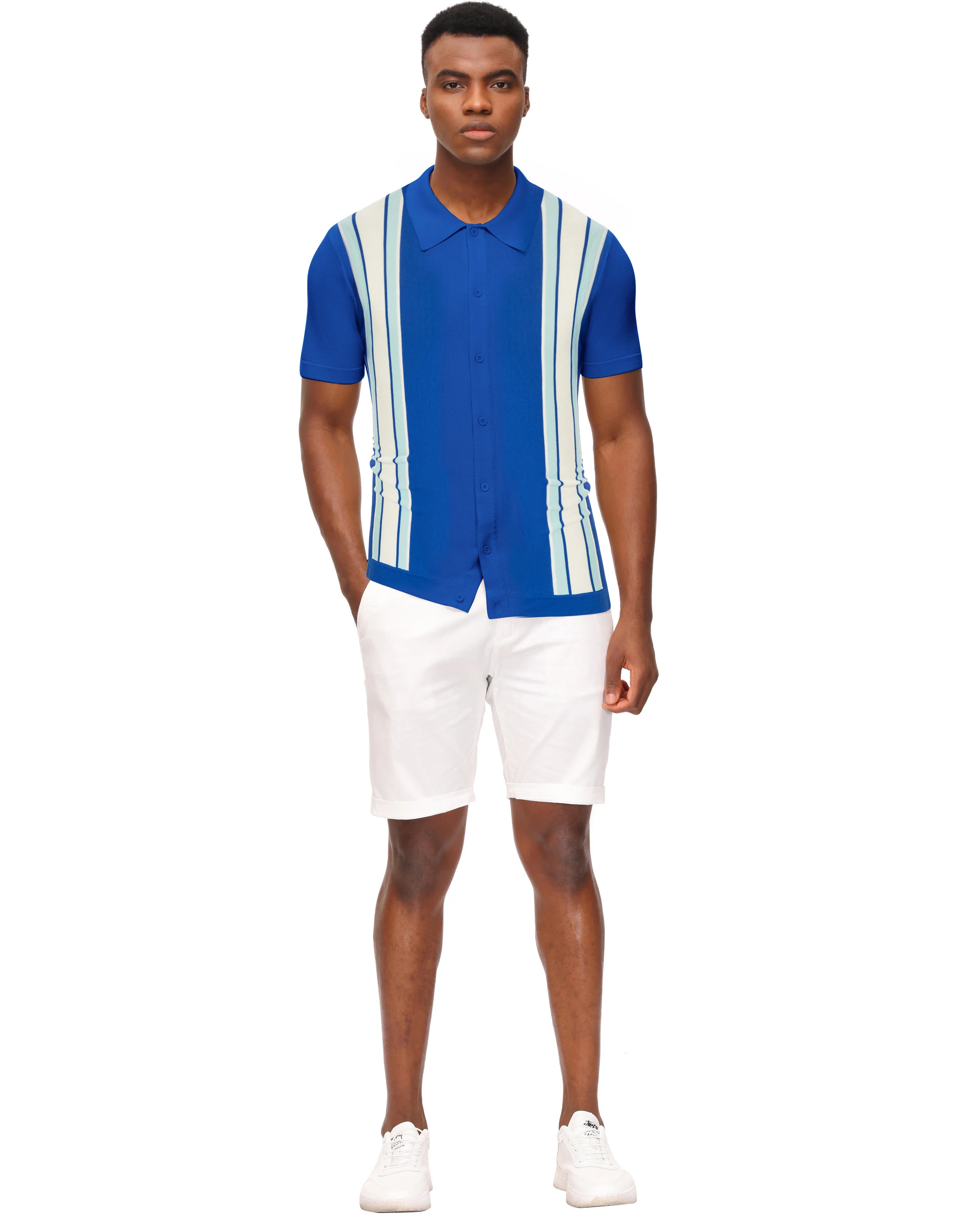 Mens Polo Shirts Vintage Striped Lightweight Knitting Golf Cardigans Shirts - Image 70