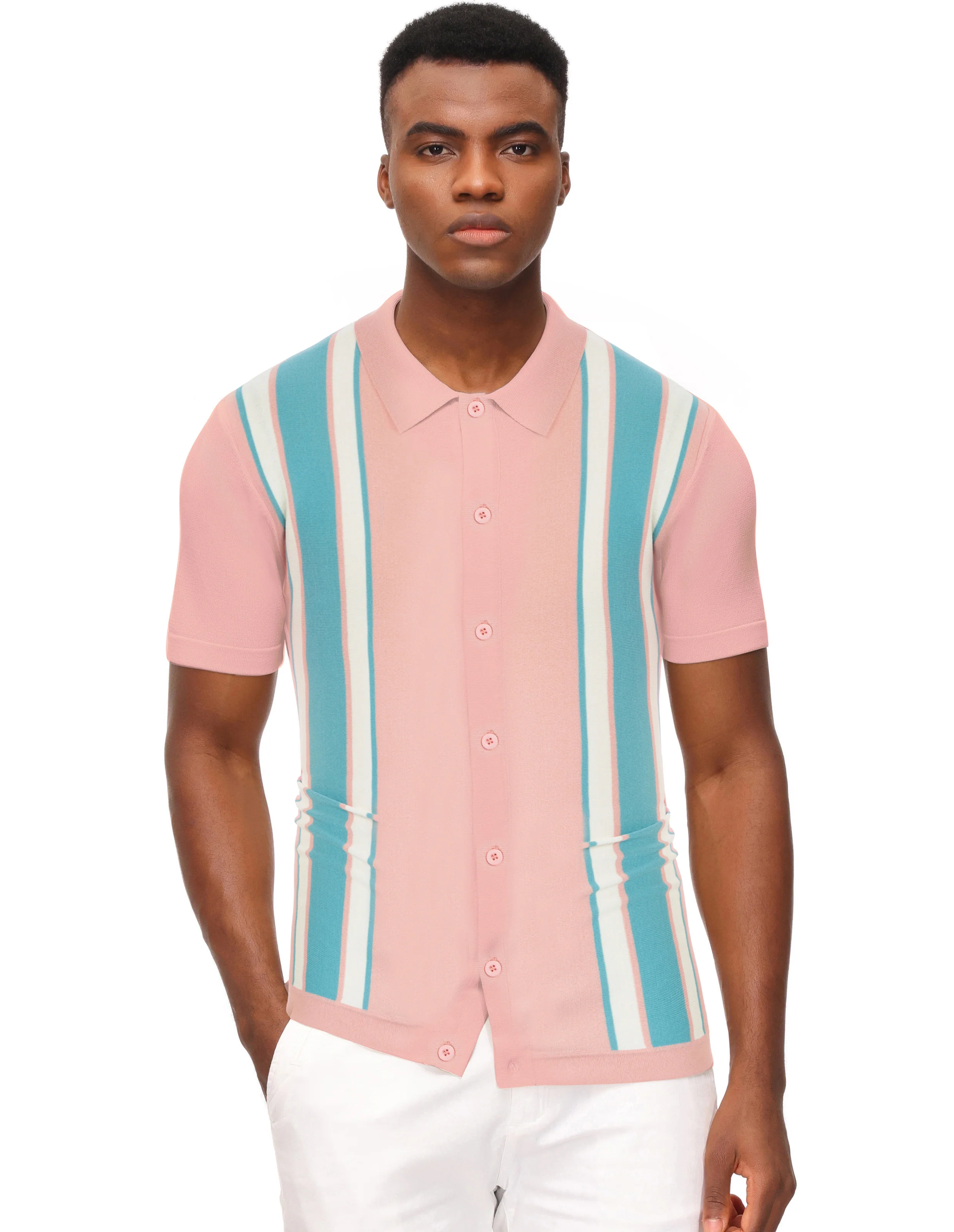 Mens Polo Shirts Vintage Striped Lightweight Knitting Golf Cardigans Shirts - Image 74