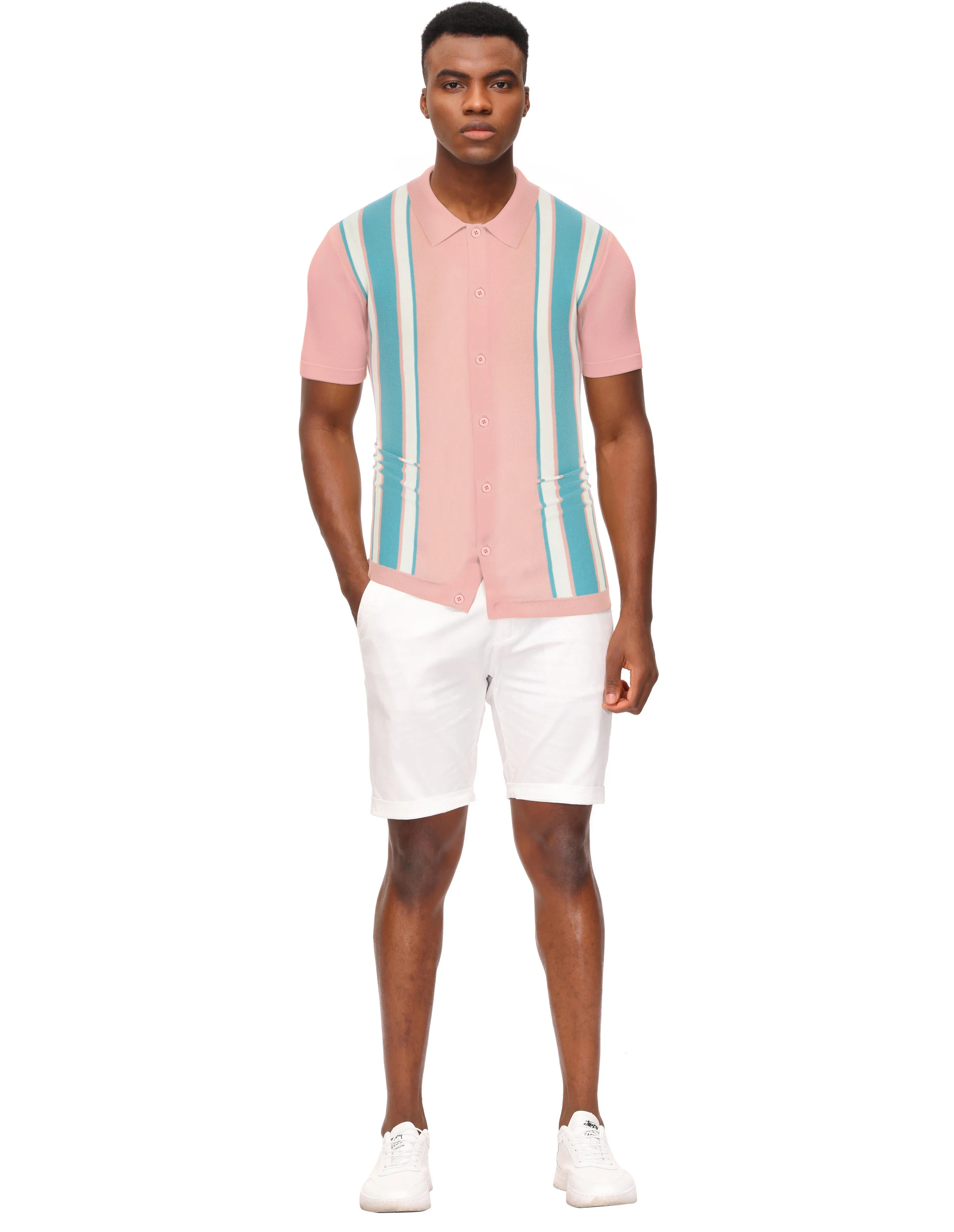 Mens Polo Shirts Vintage Striped Lightweight Knitting Golf Cardigans Shirts - Image 75