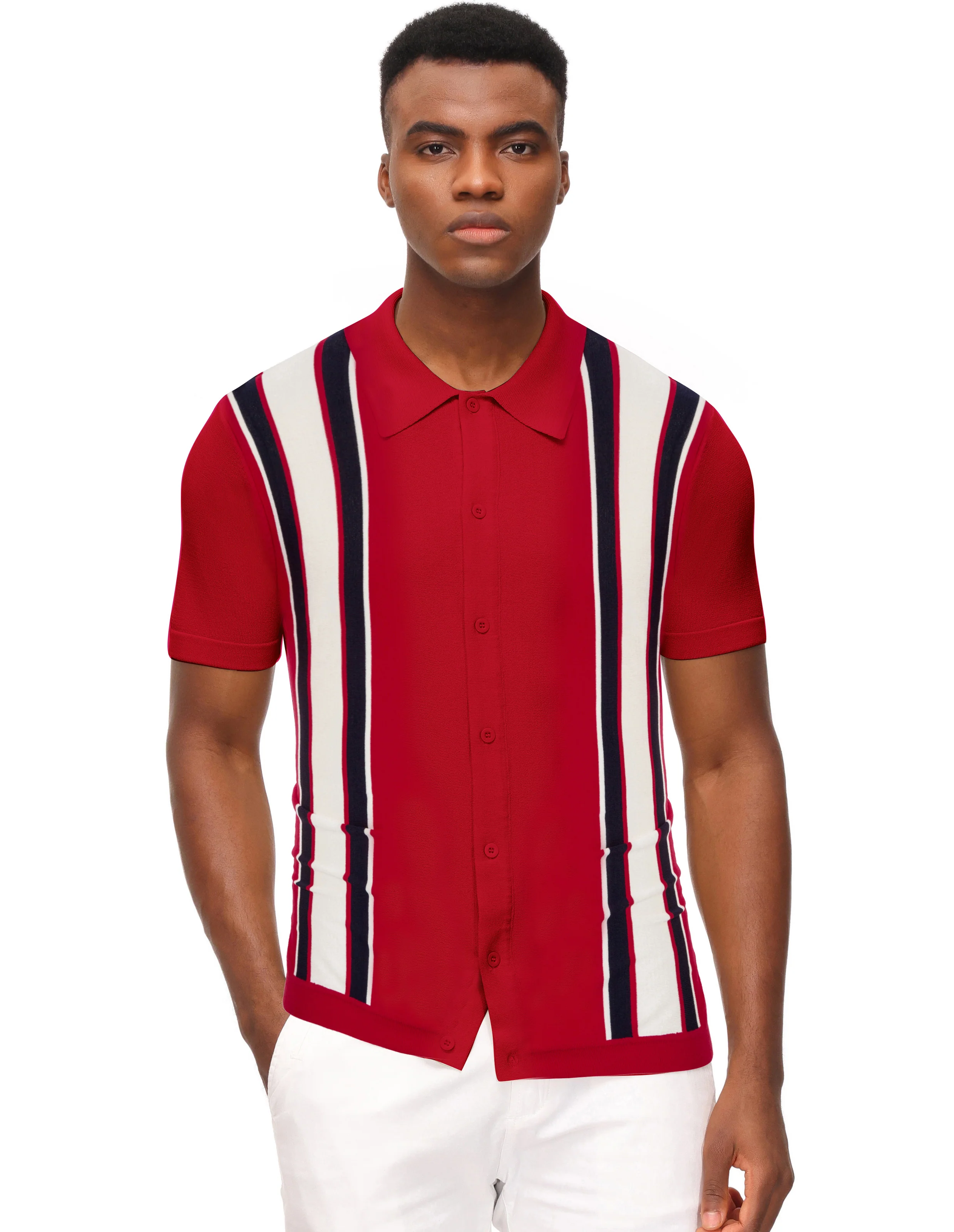 Mens Polo Shirts Vintage Striped Lightweight Knitting Golf Cardigans Shirts - Image 79