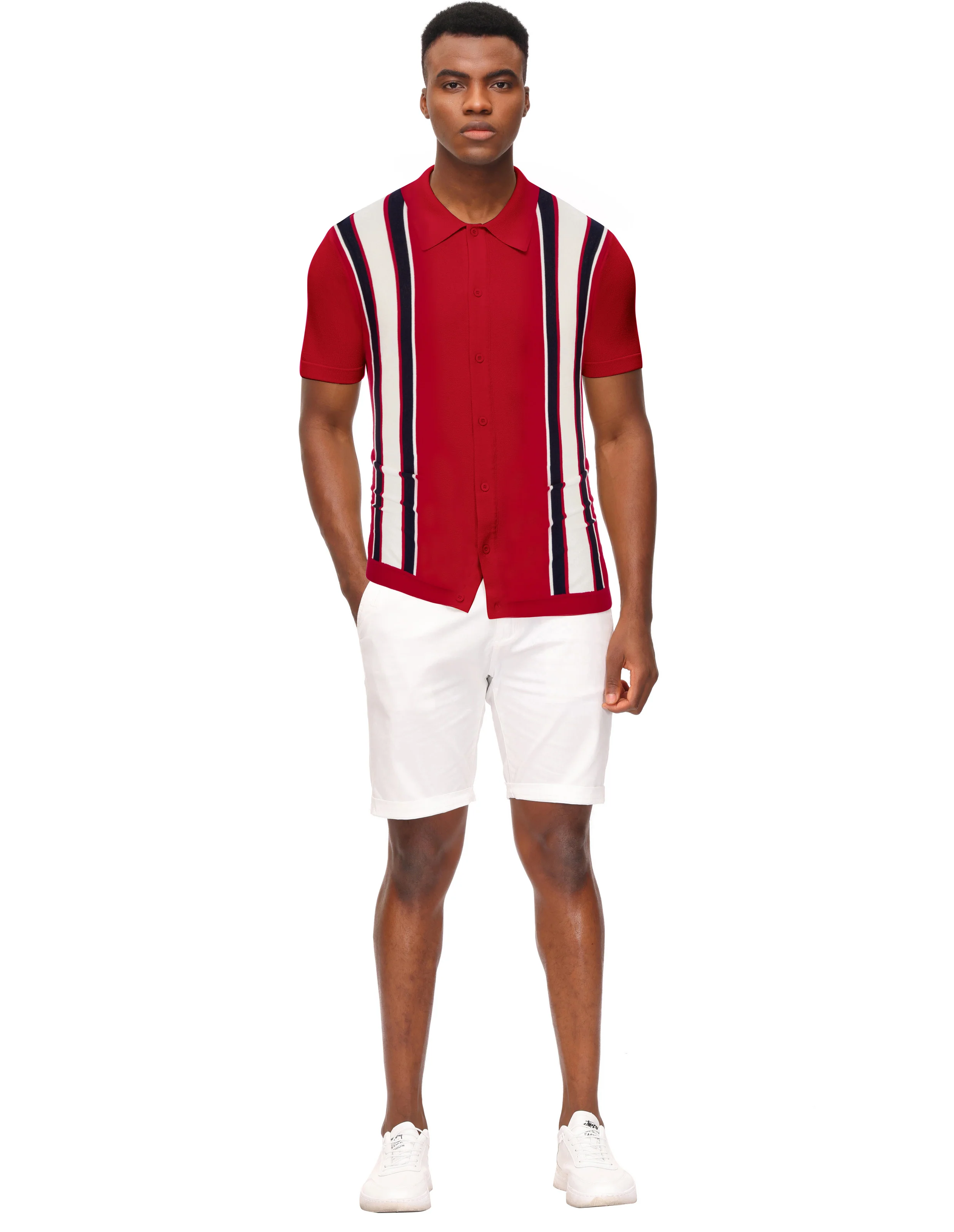 Mens Polo Shirts Vintage Striped Lightweight Knitting Golf Cardigans Shirts - Image 80