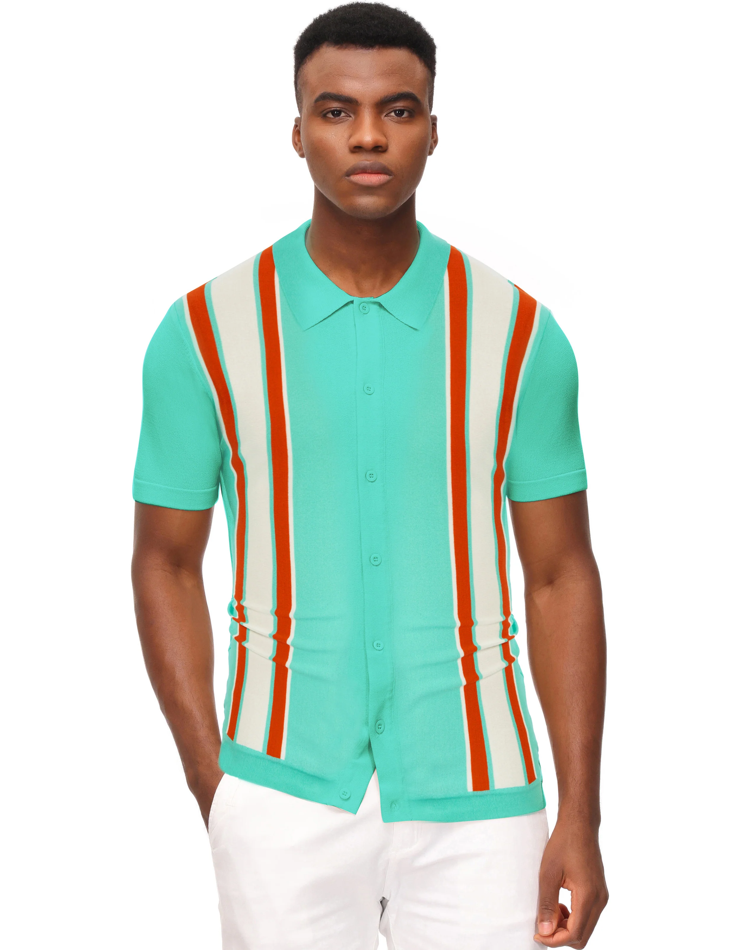 Mens Polo Shirts Vintage Striped Lightweight Knitting Golf Cardigans Shirts - Image 84