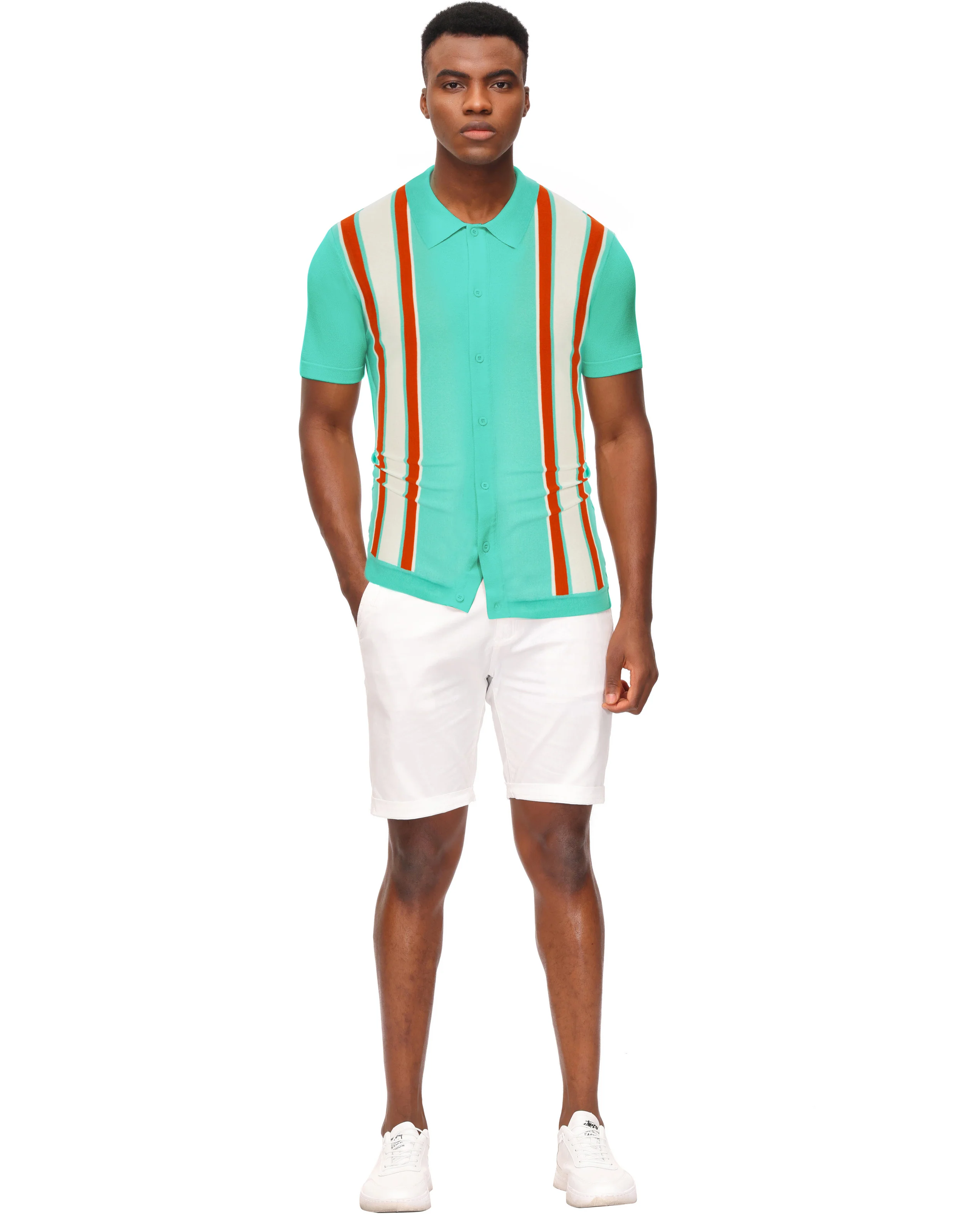 Mens Polo Shirts Vintage Striped Lightweight Knitting Golf Cardigans Shirts - Image 85