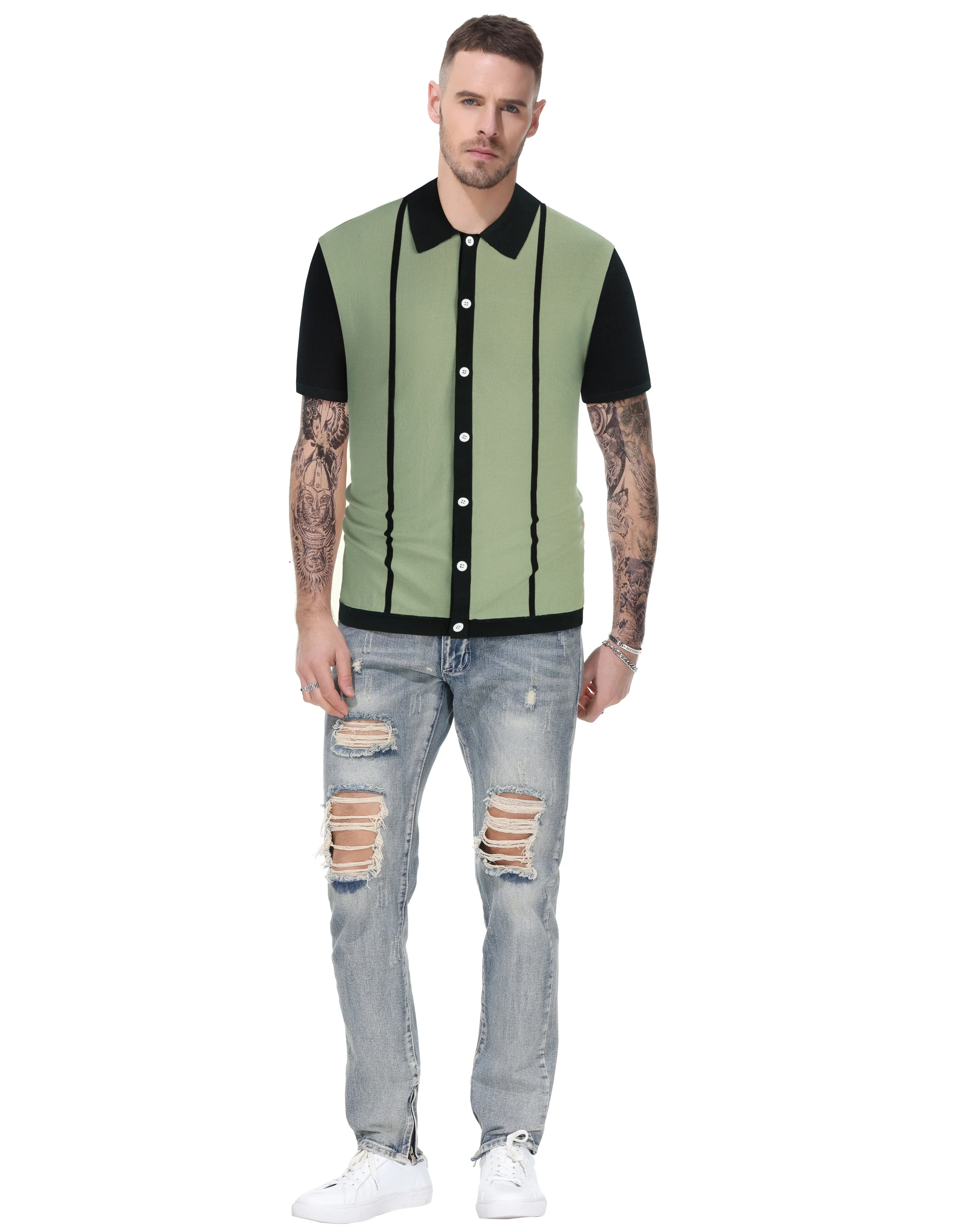 Men Contrast Color Cardigan Sweater Short Sleeve Lapel Collar Knitwear - Image 5