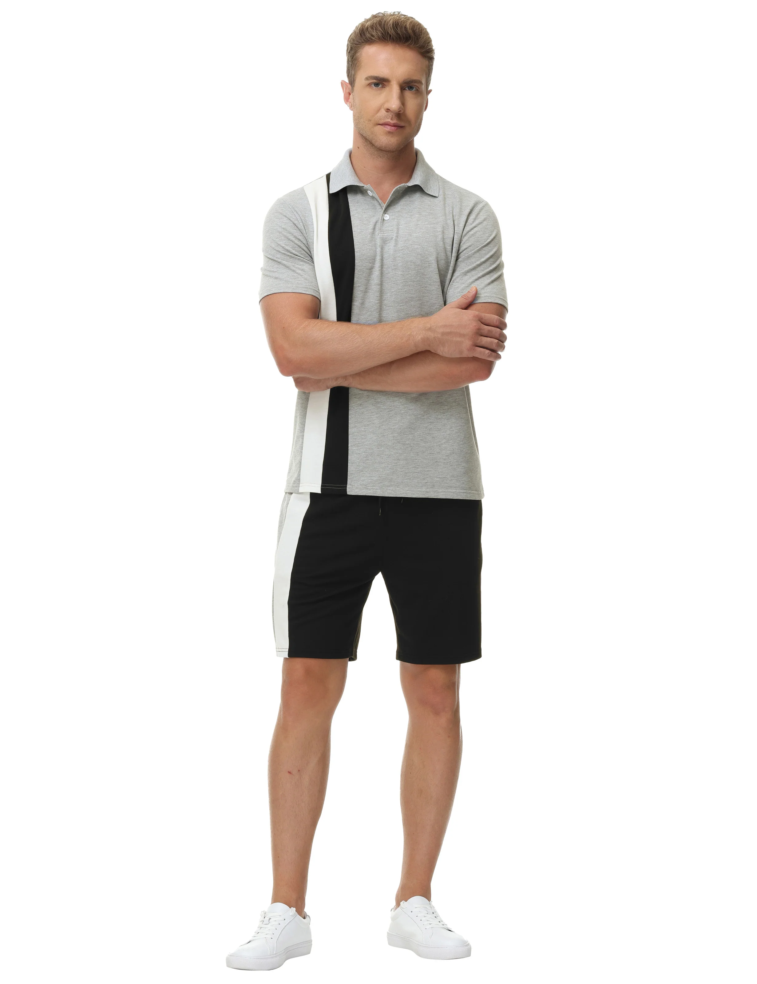 Men Contrast Color Outfits Casual Short Sleeve Polo-Shirt+Shorts 2pcs Set - Image 10
