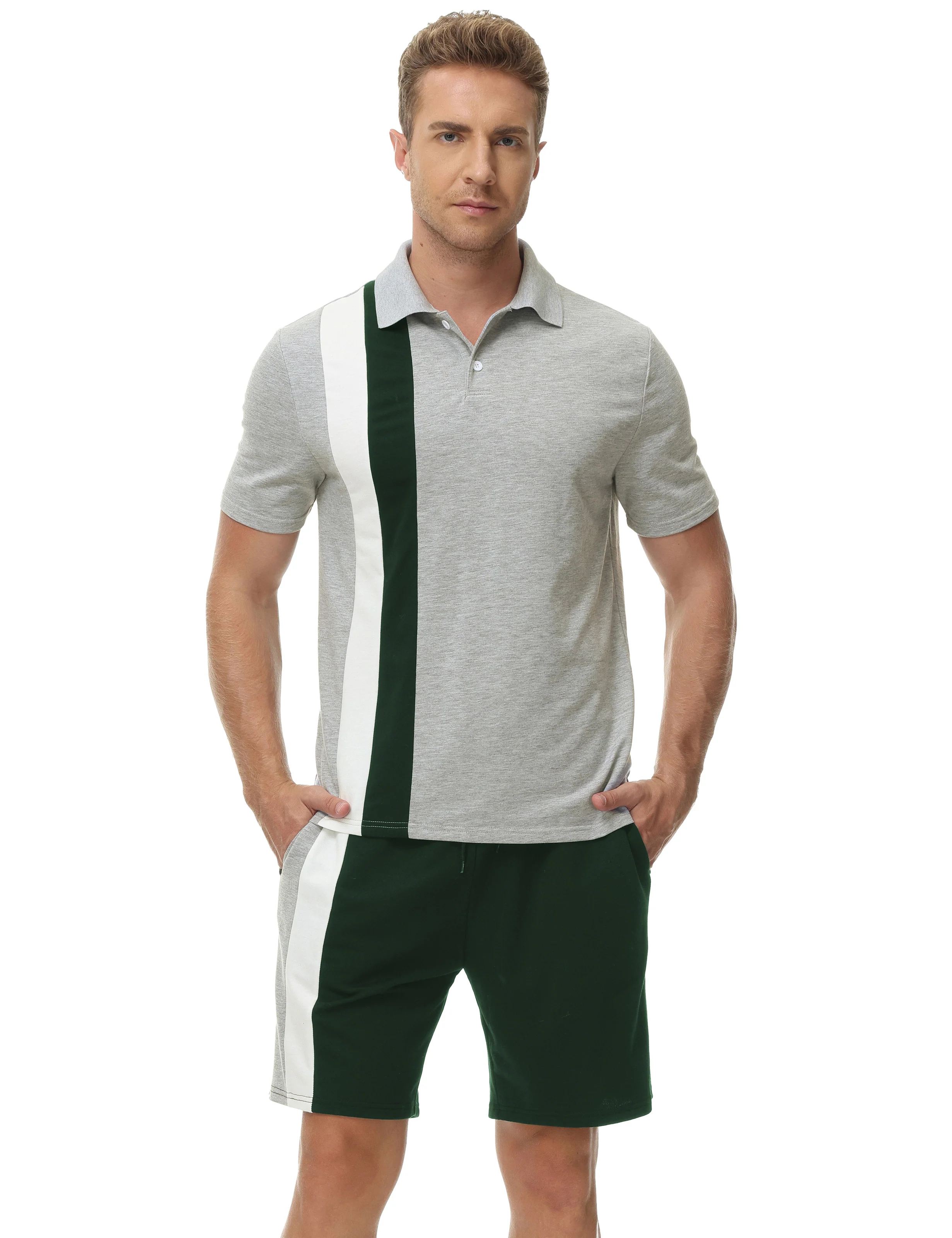 Men Contrast Color Outfits Casual Short Sleeve Polo-Shirt+Shorts 2pcs Set - Image 13