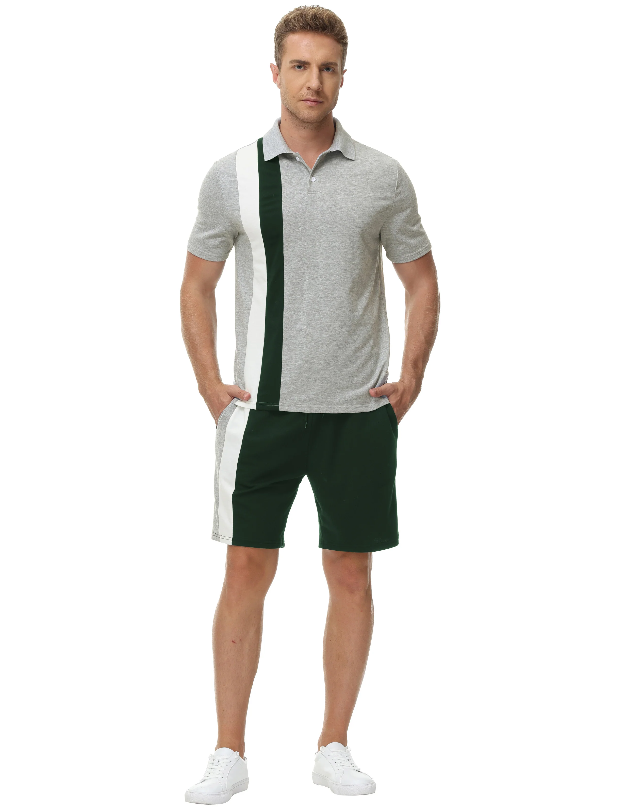 Men Contrast Color Outfits Casual Short Sleeve Polo-Shirt+Shorts 2pcs Set - Image 14