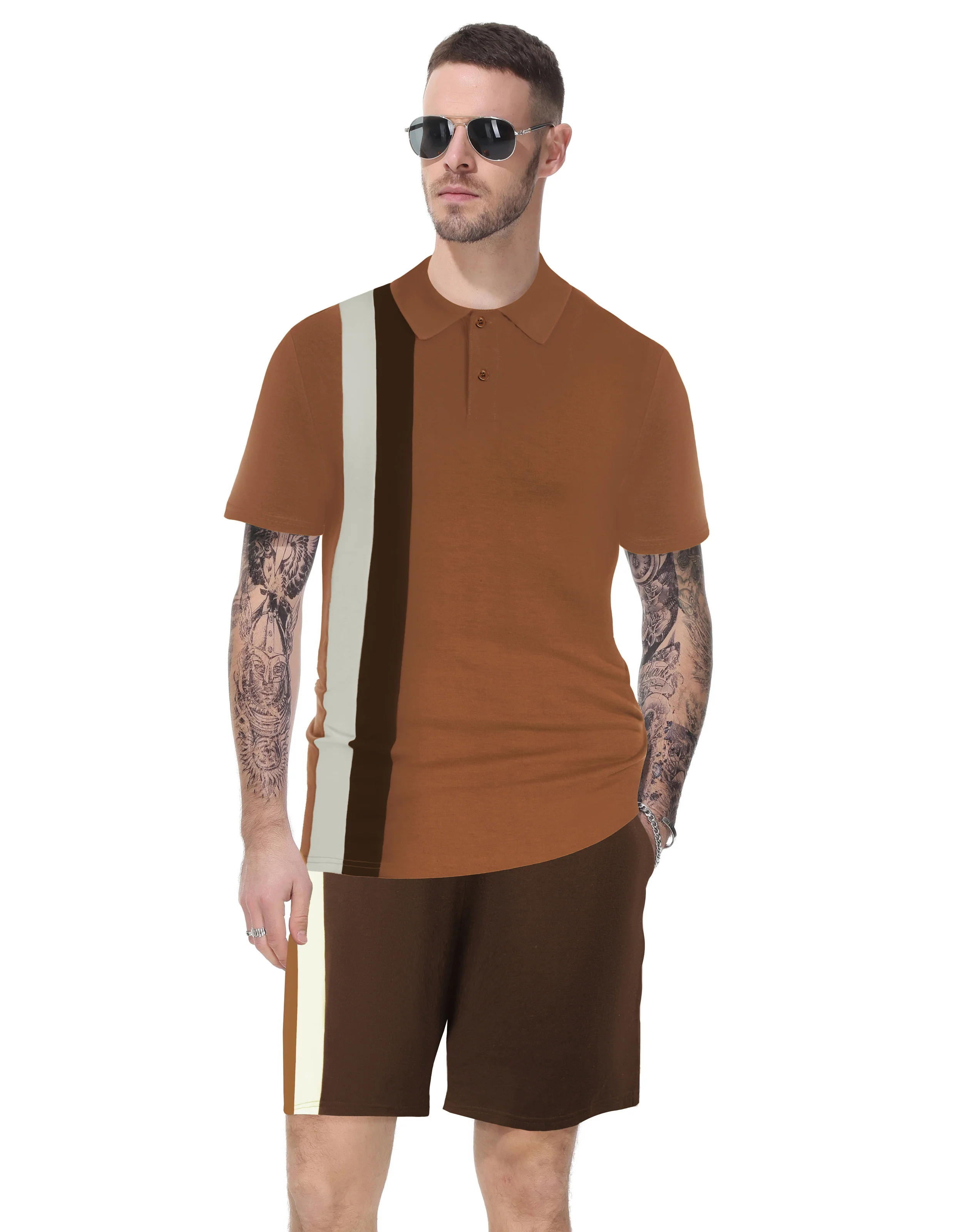 Men Contrast Color Outfits Casual Short Sleeve Polo-Shirt+Shorts 2pcs Set - Image 18