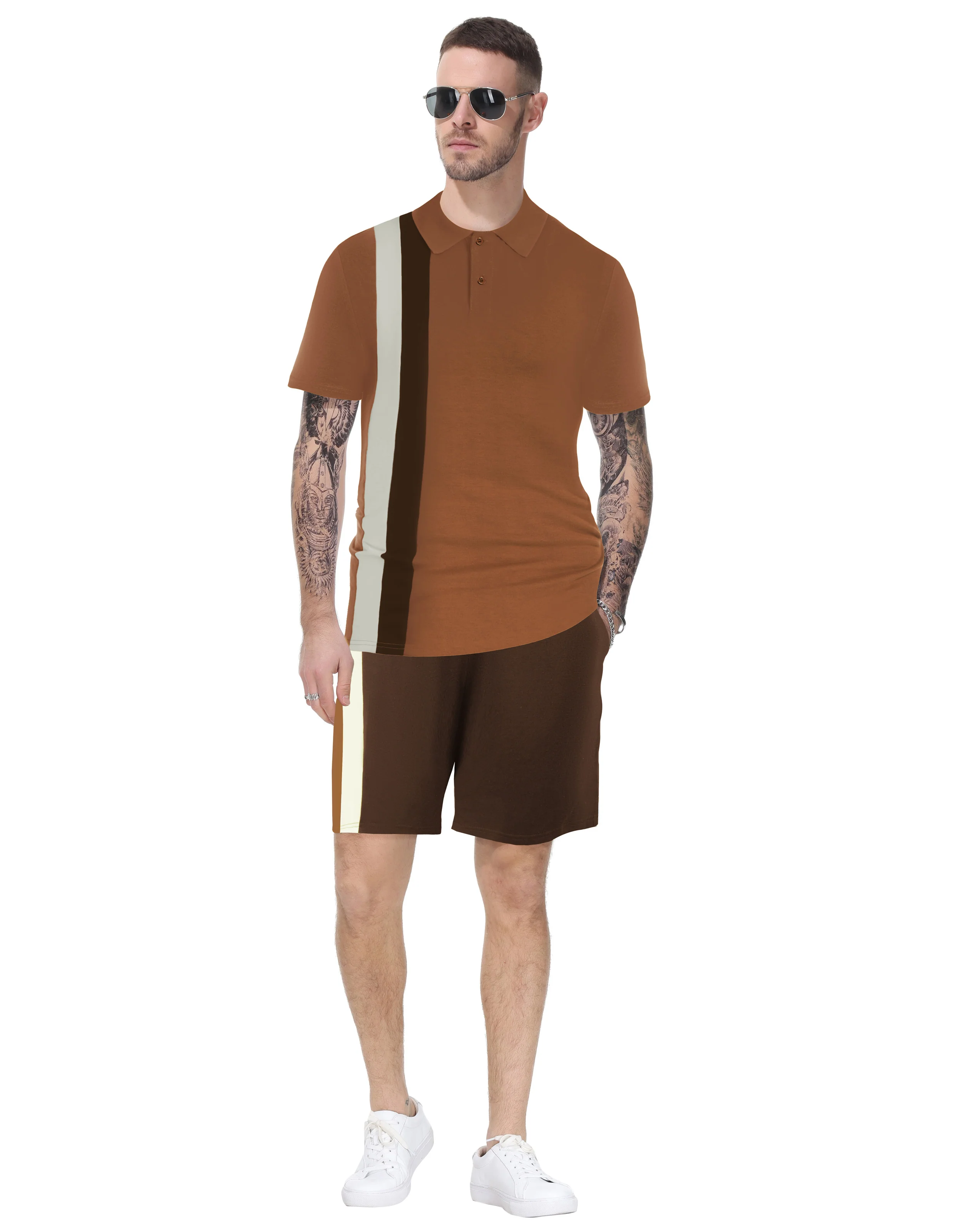 Men Contrast Color Outfits Casual Short Sleeve Polo-Shirt+Shorts 2pcs Set - Image 19