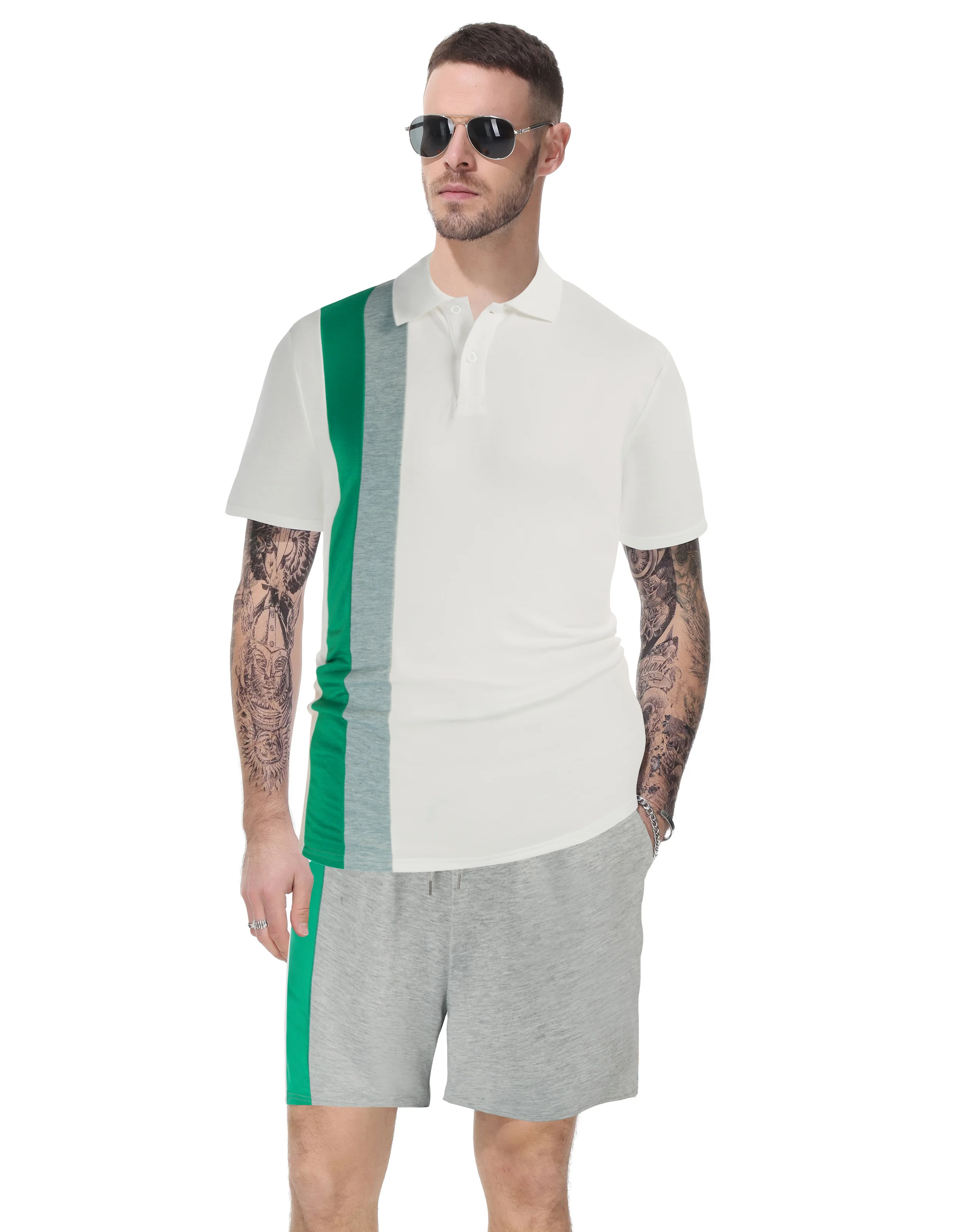 Men Contrast Color Outfits Casual Short Sleeve Polo-Shirt+Shorts 2pcs Set - Image 25
