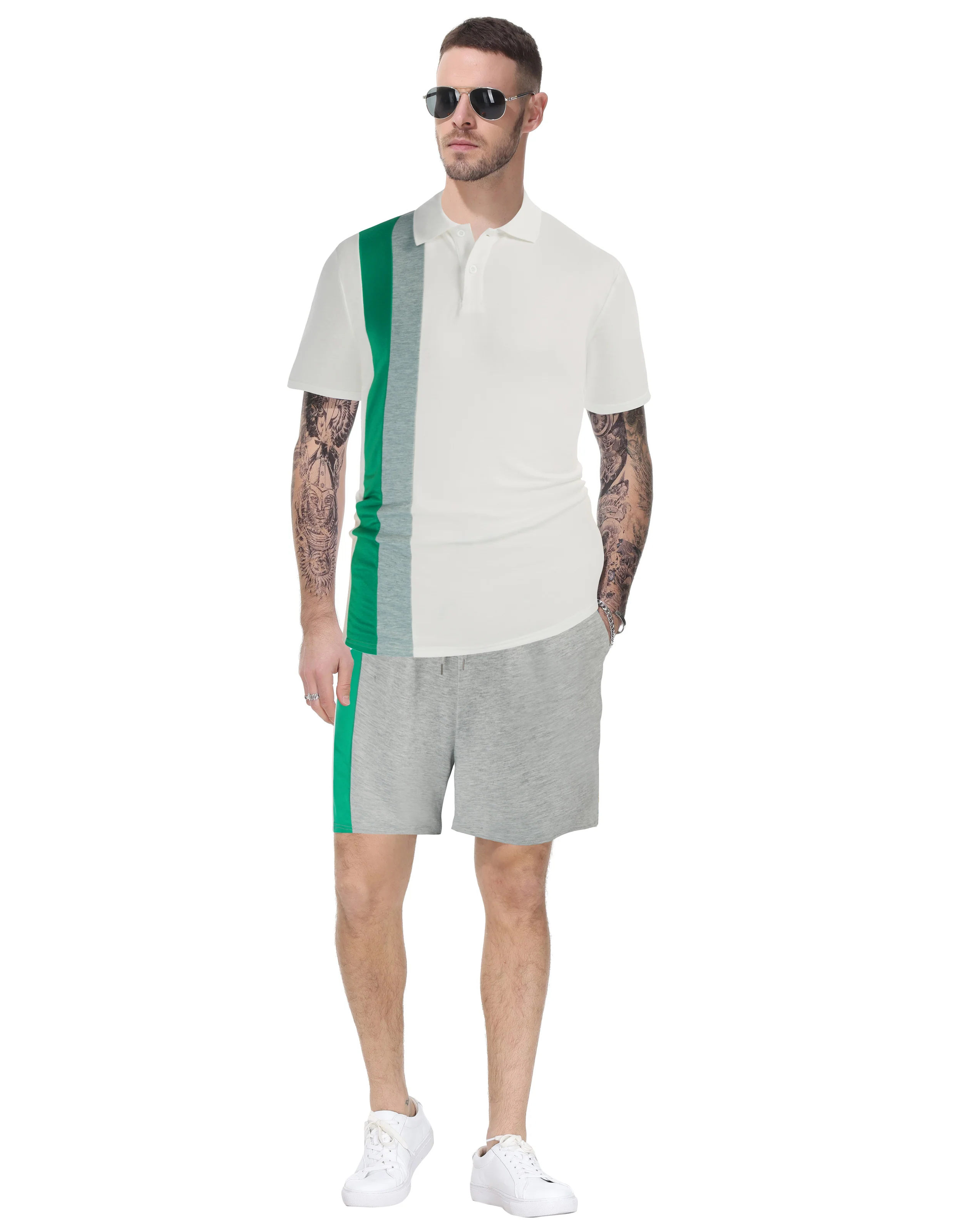 Men Contrast Color Outfits Casual Short Sleeve Polo-Shirt+Shorts 2pcs Set - Image 26