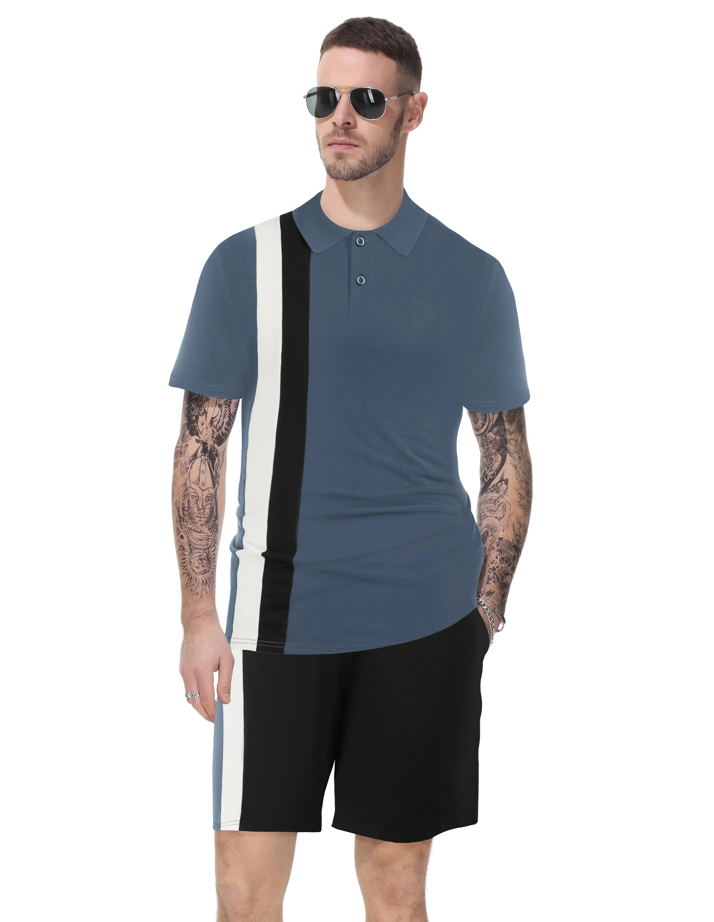 Men Contrast Color Outfits Casual Short Sleeve Polo-Shirt+Shorts 2pcs Set - Image 37