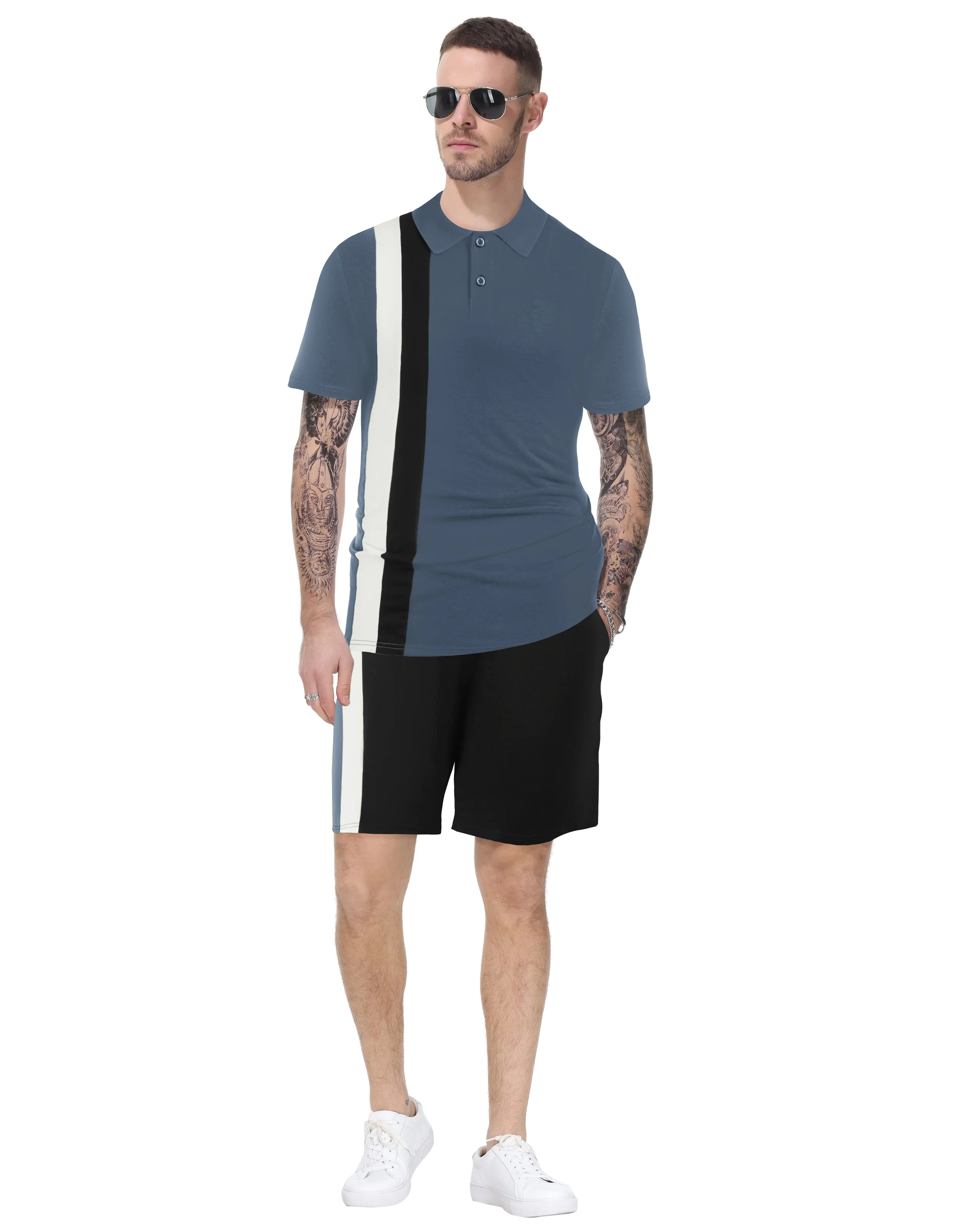 Men Contrast Color Outfits Casual Short Sleeve Polo-Shirt+Shorts 2pcs Set - Image 38