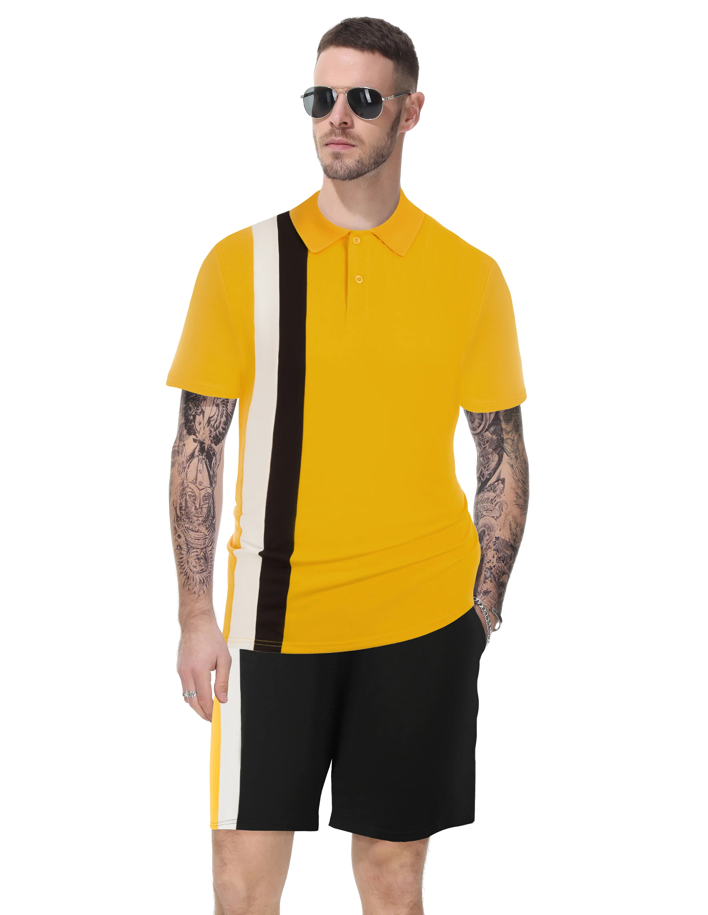 Men Contrast Color Outfits Casual Short Sleeve Polo-Shirt+Shorts 2pcs Set - Image 44