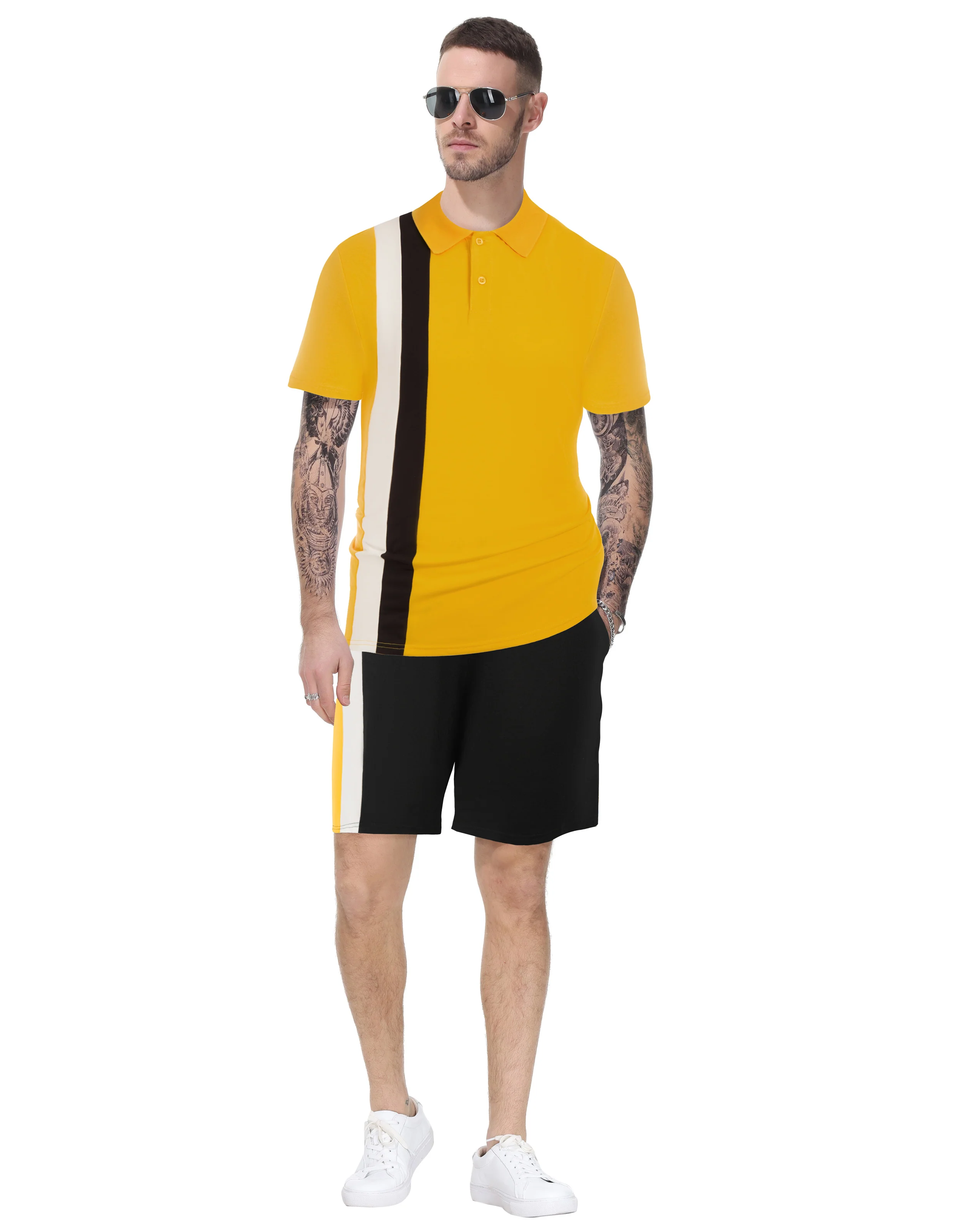 Men Contrast Color Outfits Casual Short Sleeve Polo-Shirt+Shorts 2pcs Set - Image 45