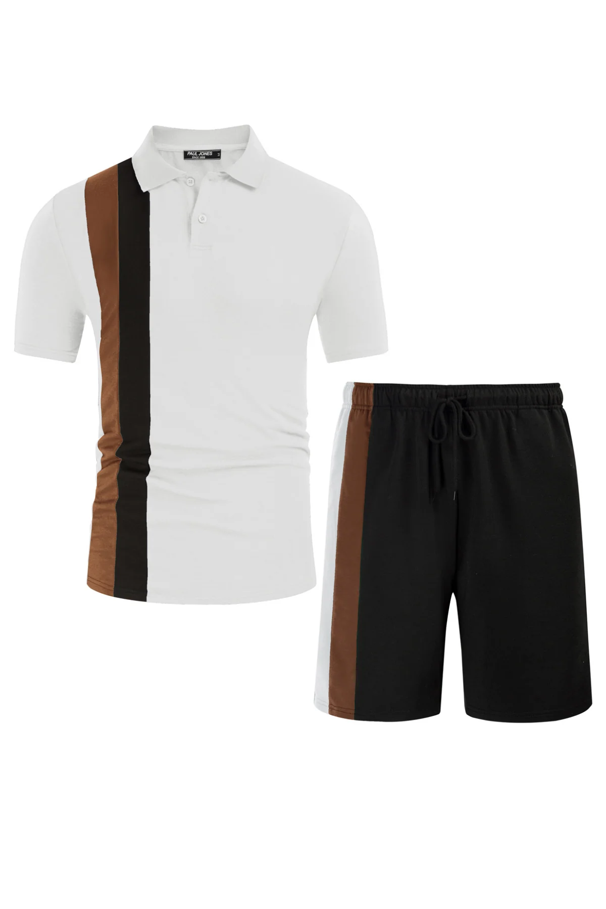 Men Contrast Color Outfits Casual Short Sleeve Polo-Shirt+Shorts 2pcs Set - Image 53