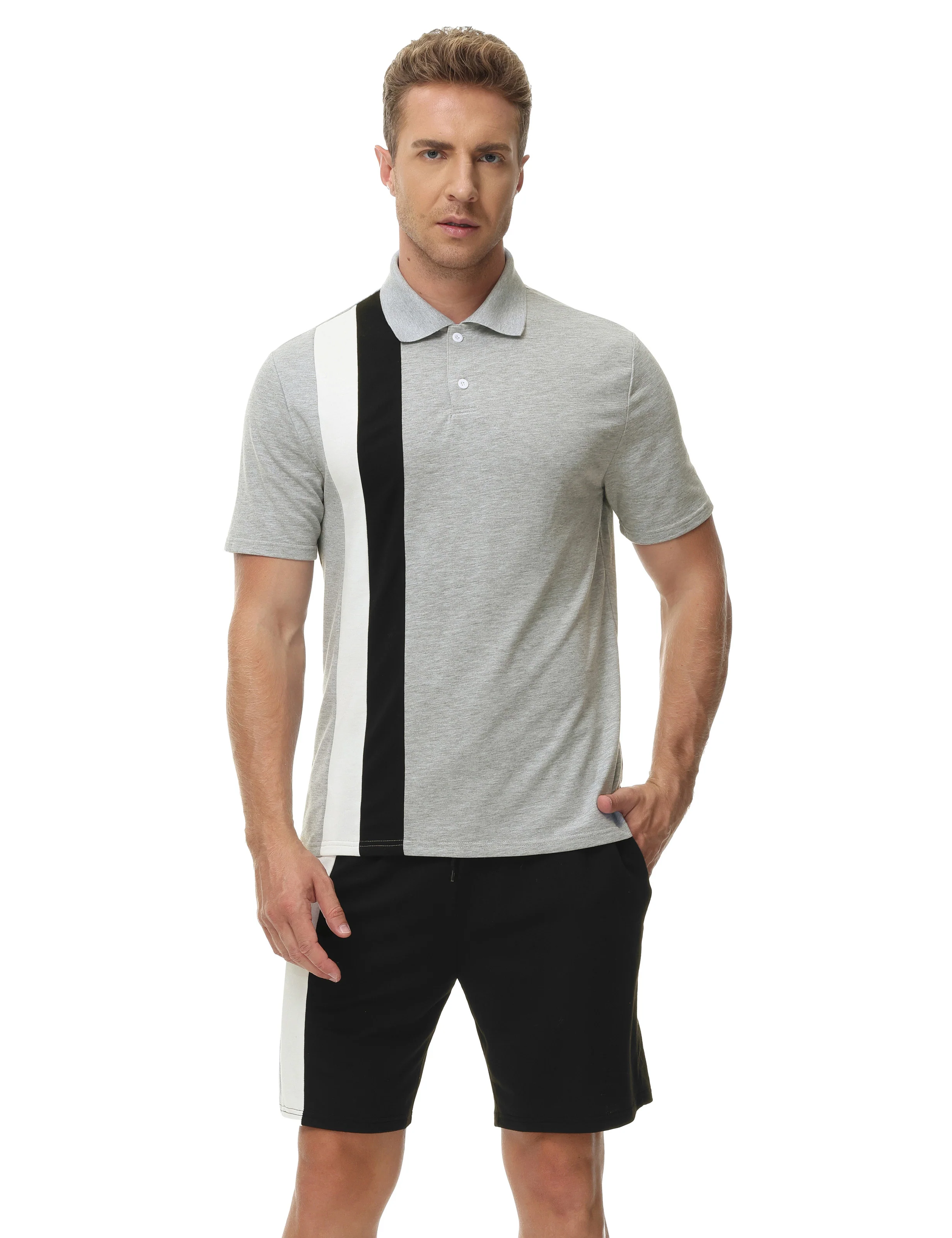 Men Contrast Color Outfits Casual Short Sleeve Polo-Shirt+Shorts 2pcs Set - Image 8