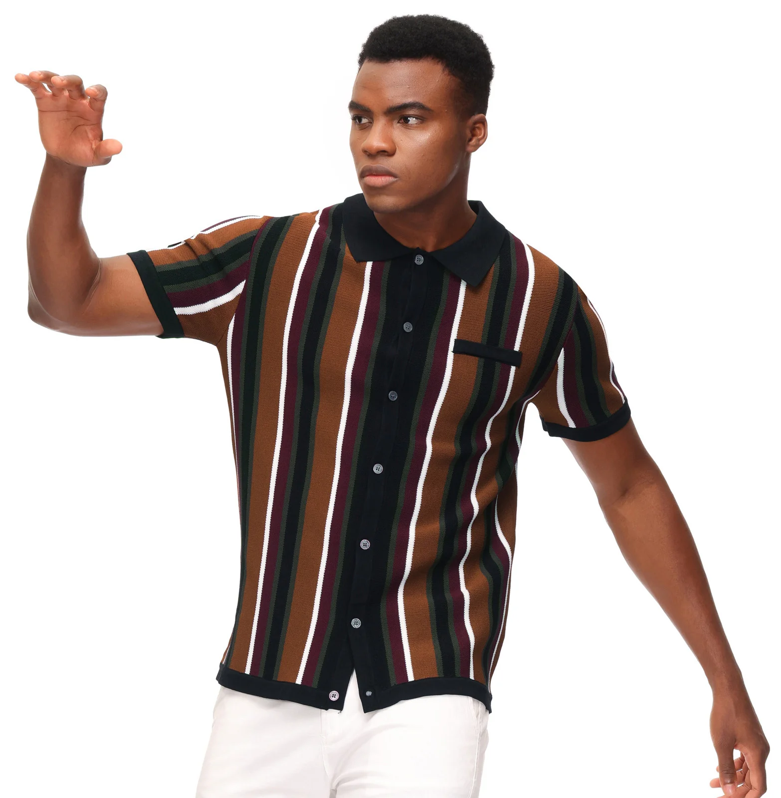 Men’s Short Sleeve Knit Shirt Vintage Stripe Lapel Collar Polo Cardigans Shirts - Image 10