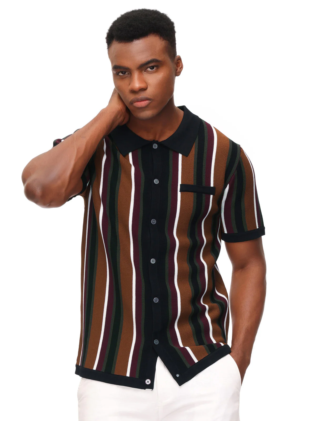 Men’s Short Sleeve Knit Shirt Vintage Stripe Lapel Collar Polo Cardigans Shirts - Image 11