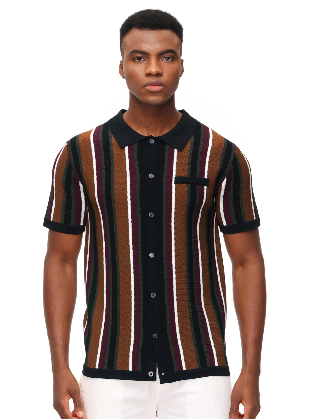 Men’s Short Sleeve Knit Shirt Vintage Stripe Lapel Collar Polo Cardigans Shirts - Image 12