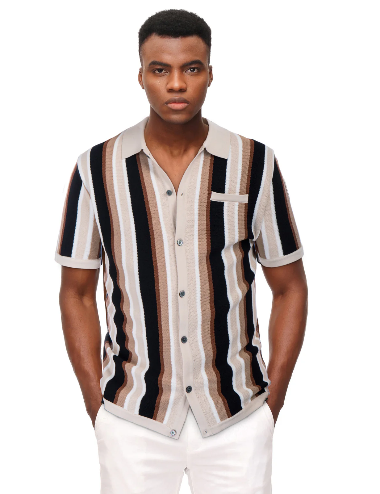 Men’s Short Sleeve Knit Shirt Vintage Stripe Lapel Collar Polo Cardigans Shirts - Image 15