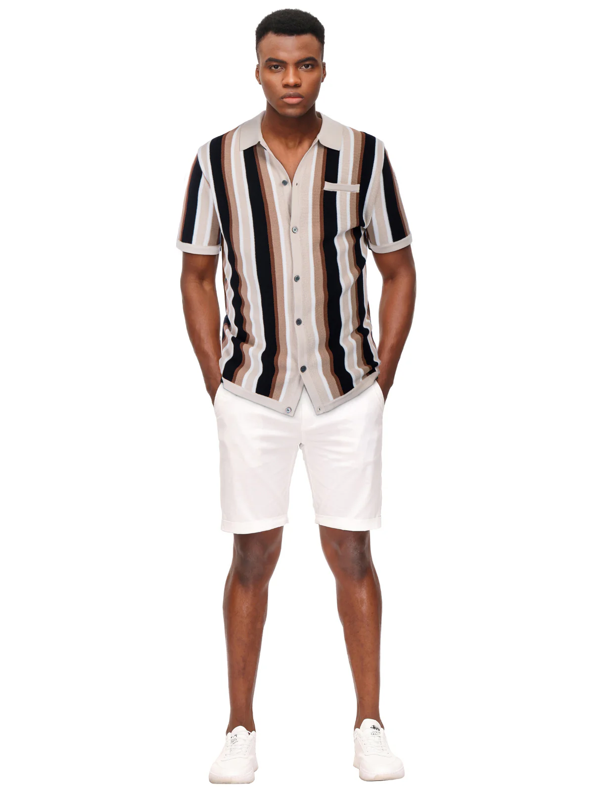 Men’s Short Sleeve Knit Shirt Vintage Stripe Lapel Collar Polo Cardigans Shirts - Image 16