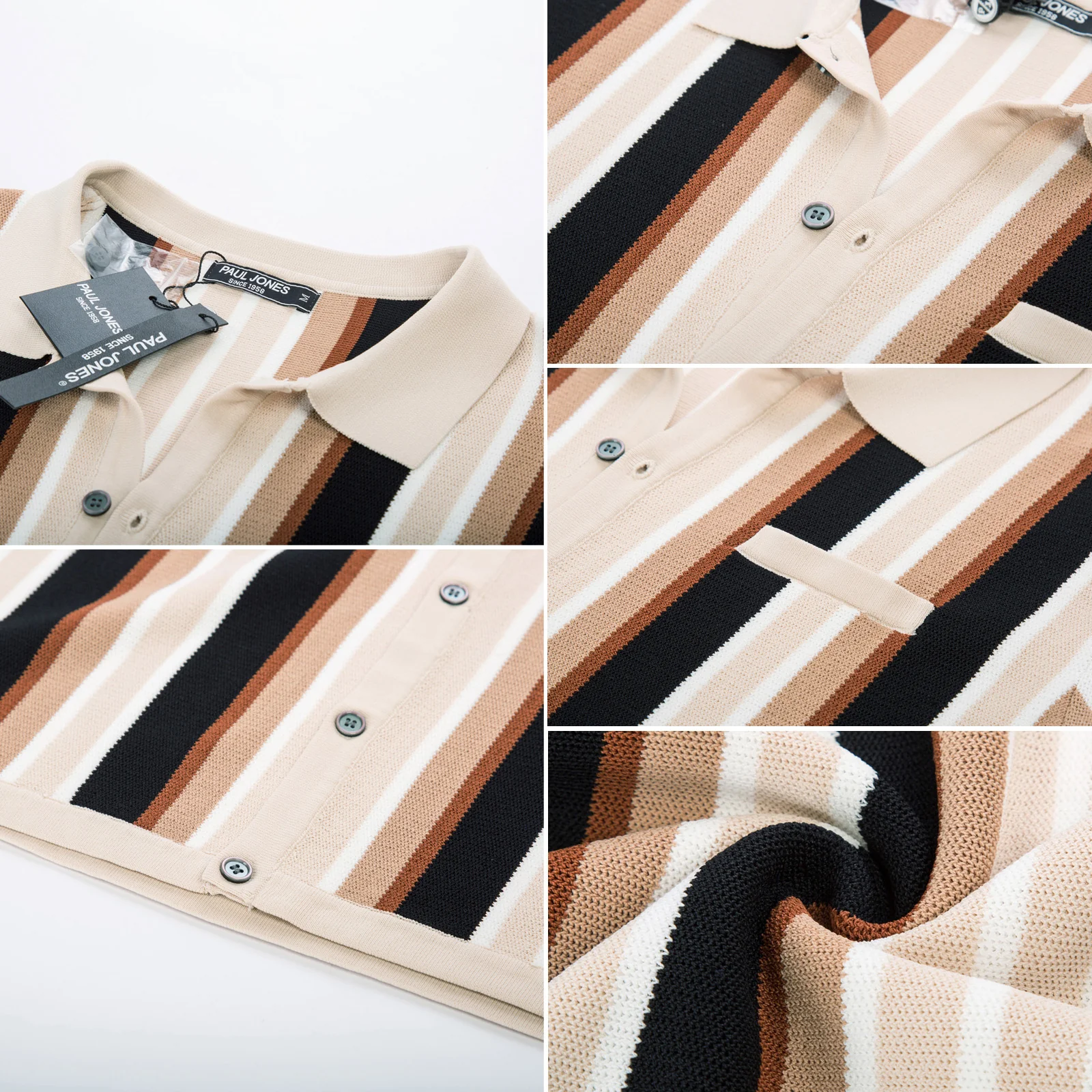 Men’s Short Sleeve Knit Shirt Vintage Stripe Lapel Collar Polo Cardigans Shirts - Image 17