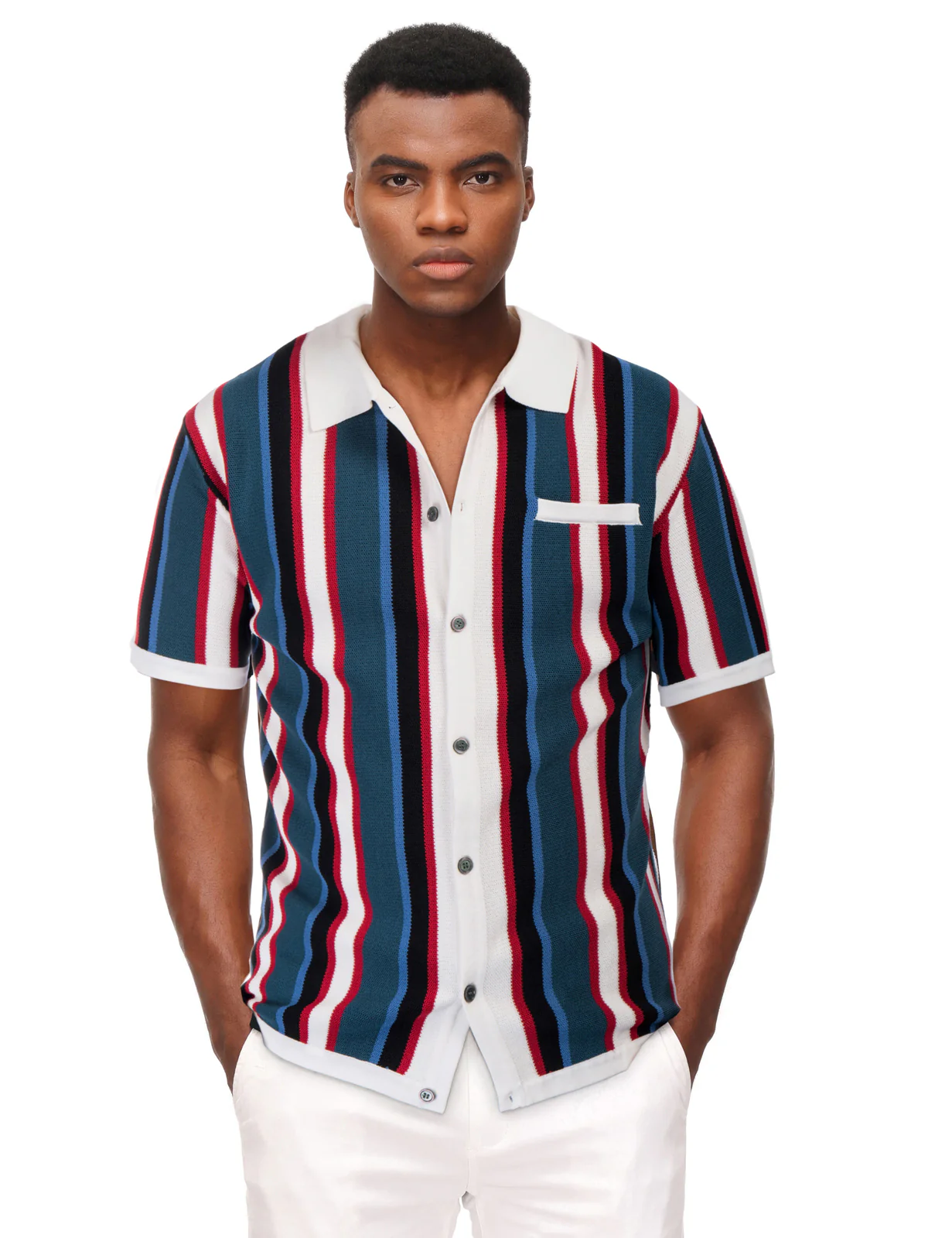 Men’s Short Sleeve Knit Shirt Vintage Stripe Lapel Collar Polo Cardigans Shirts - Image 20