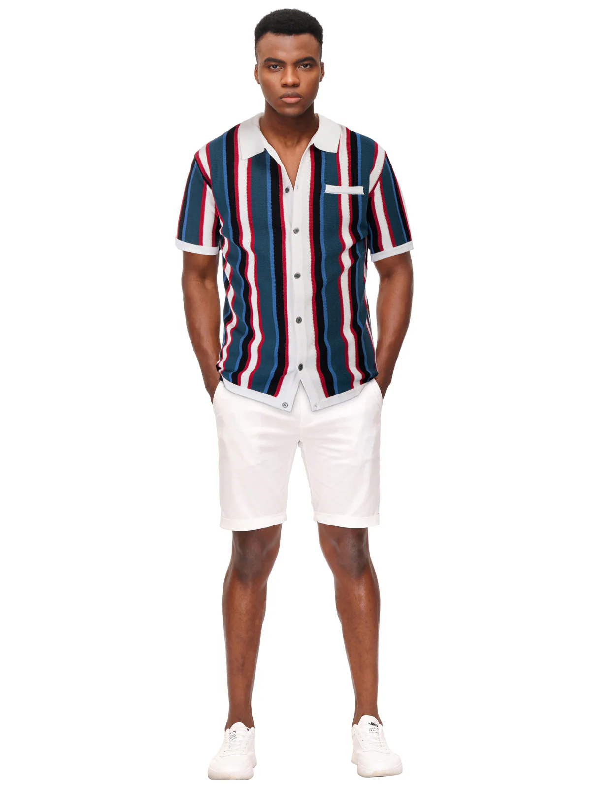 Men’s Short Sleeve Knit Shirt Vintage Stripe Lapel Collar Polo Cardigans Shirts - Image 21