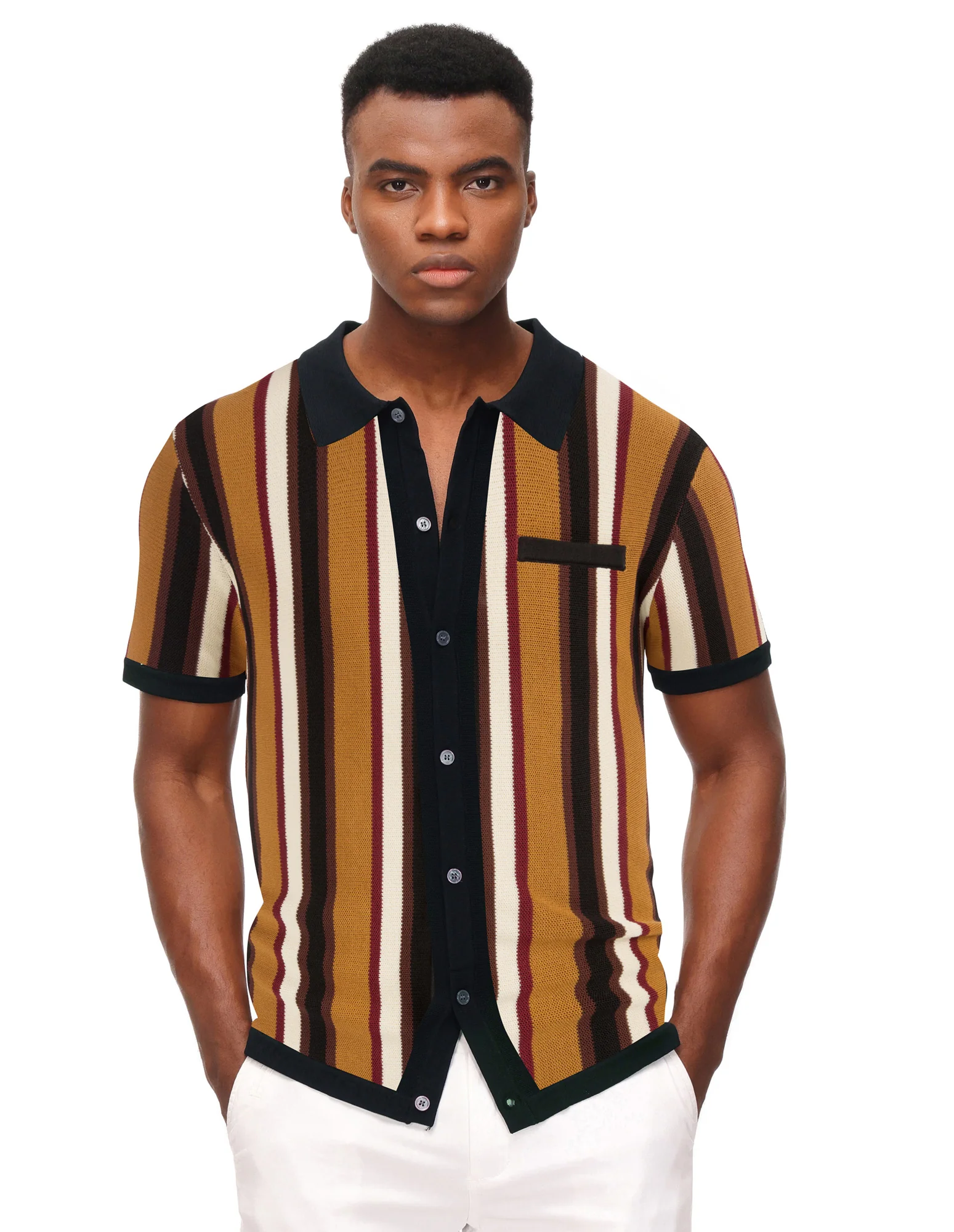 Men’s Short Sleeve Knit Shirt Vintage Stripe Lapel Collar Polo Cardigans Shirts - Image 25