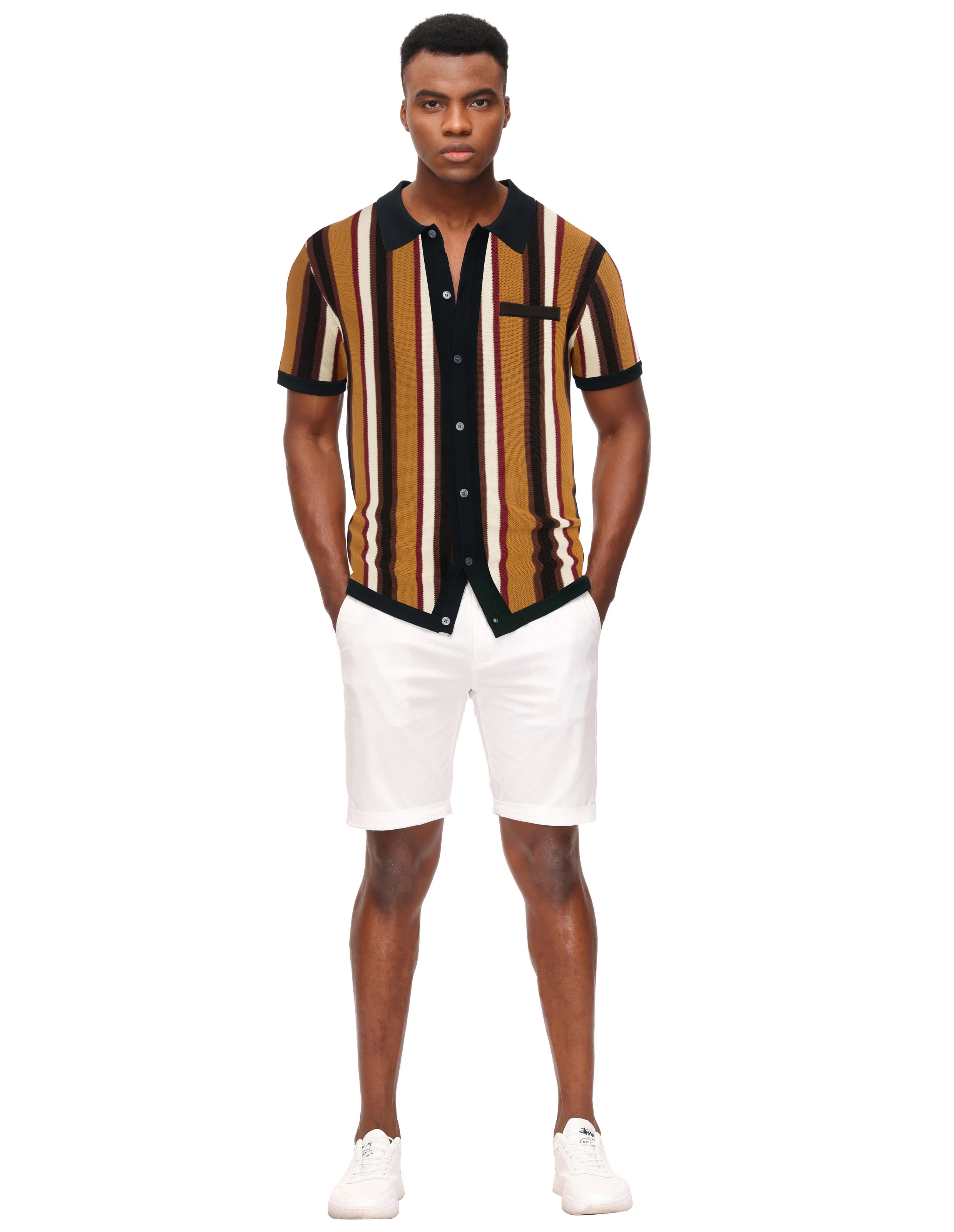 Men’s Short Sleeve Knit Shirt Vintage Stripe Lapel Collar Polo Cardigans Shirts - Image 26