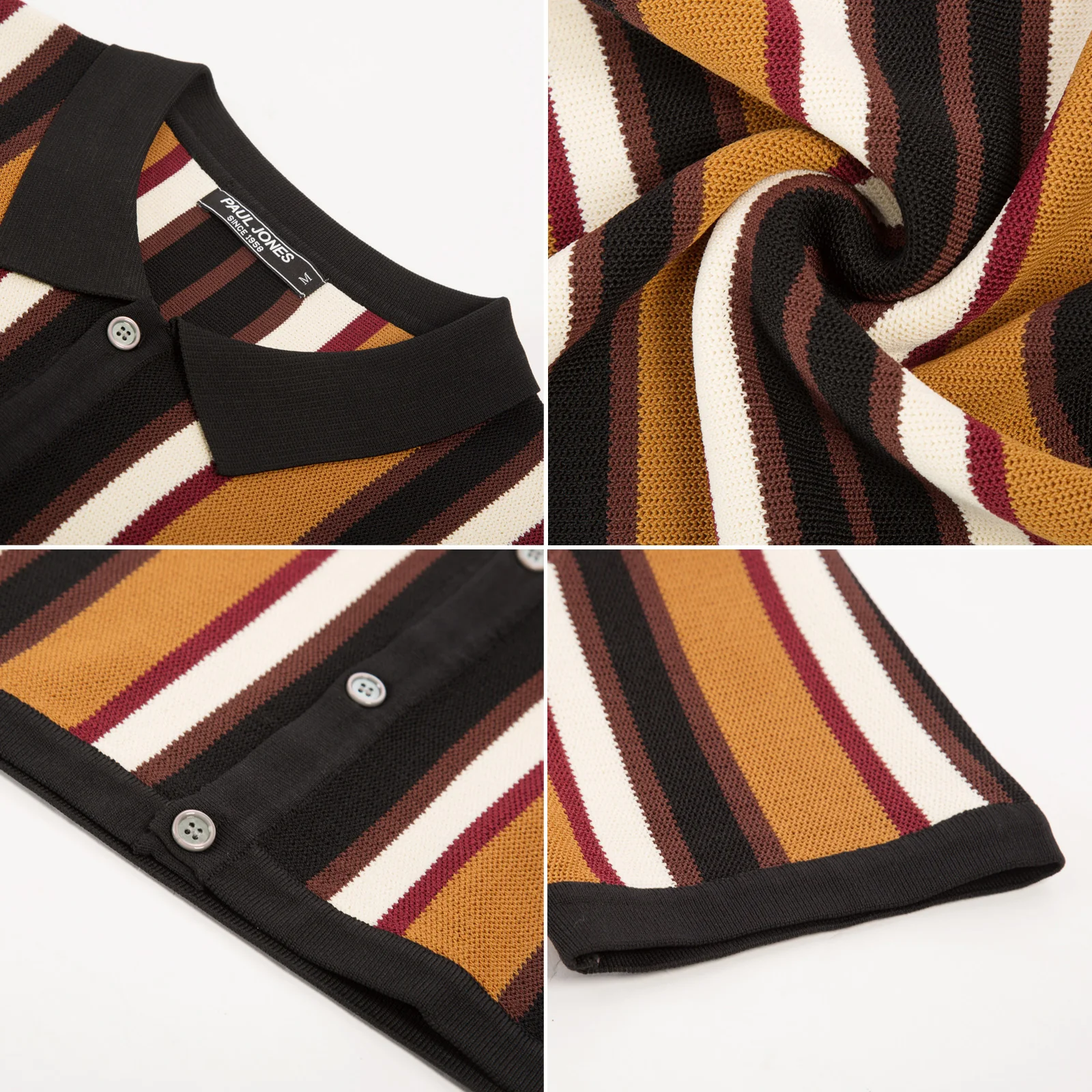 Men’s Short Sleeve Knit Shirt Vintage Stripe Lapel Collar Polo Cardigans Shirts - Image 27