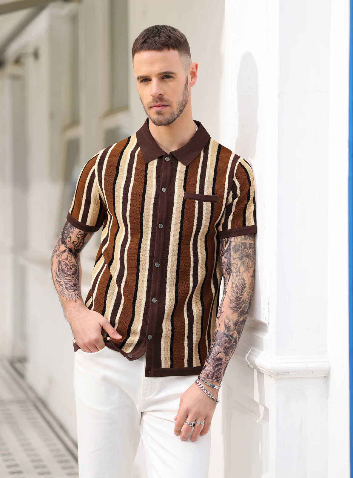 Men’s Short Sleeve Knit Shirt Vintage Stripe Lapel Collar Polo Cardigans Shirts - Image 30