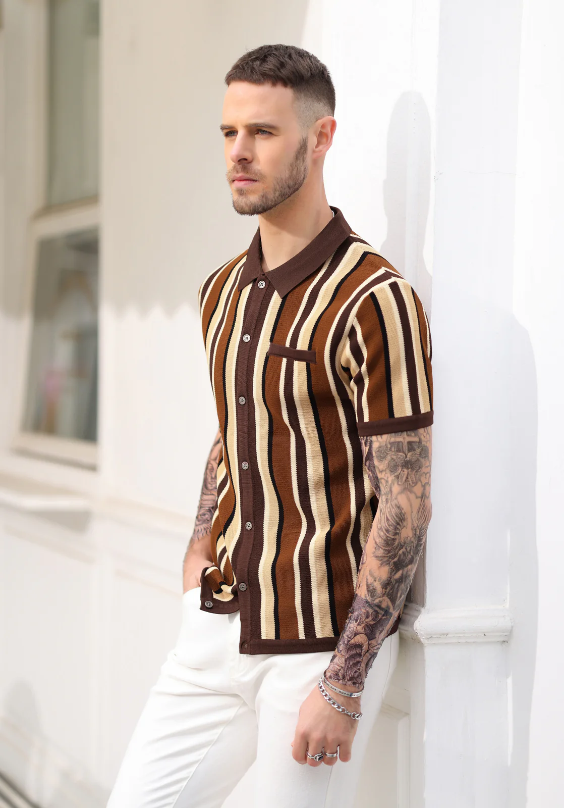 Men’s Short Sleeve Knit Shirt Vintage Stripe Lapel Collar Polo Cardigans Shirts - Image 31