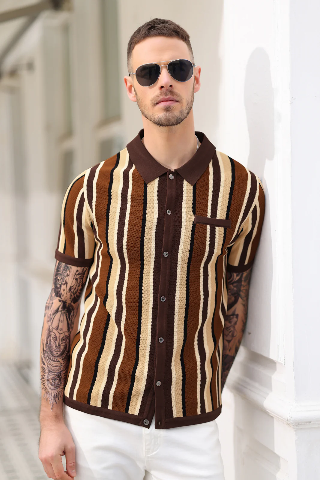 Men’s Short Sleeve Knit Shirt Vintage Stripe Lapel Collar Polo Cardigans Shirts - Image 32