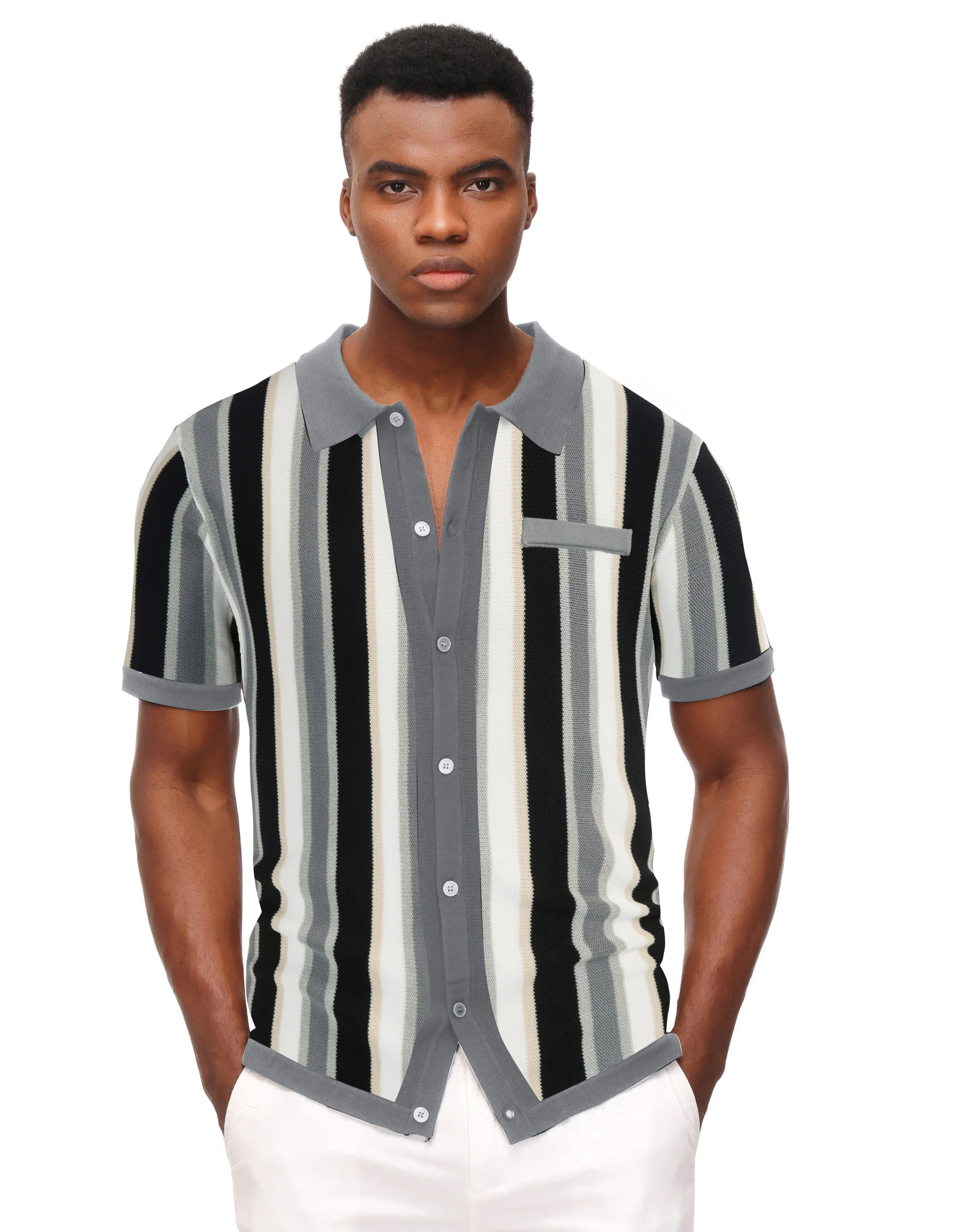 Men’s Short Sleeve Knit Shirt Vintage Stripe Lapel Collar Polo Cardigans Shirts - Image 35