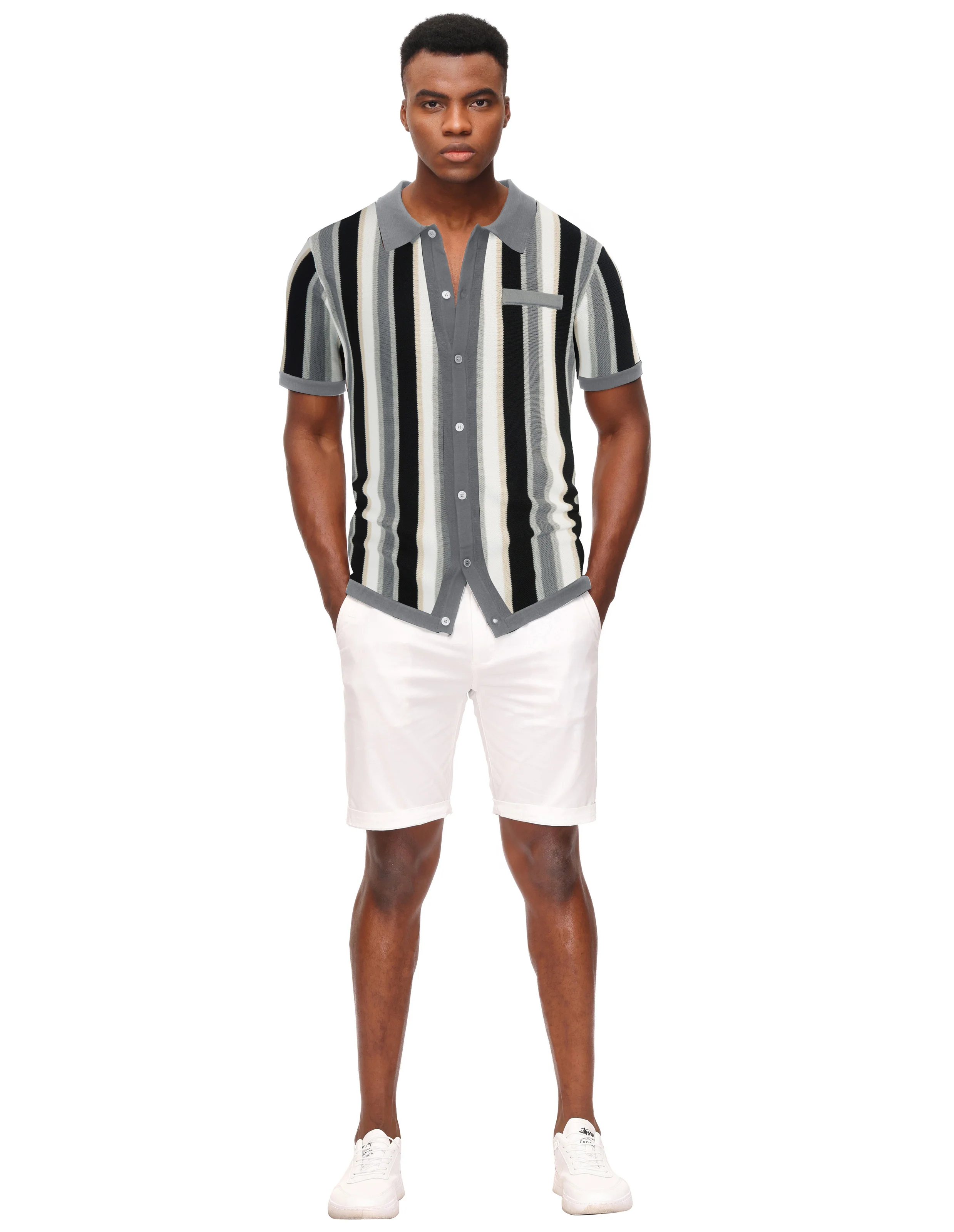 Men’s Short Sleeve Knit Shirt Vintage Stripe Lapel Collar Polo Cardigans Shirts - Image 36