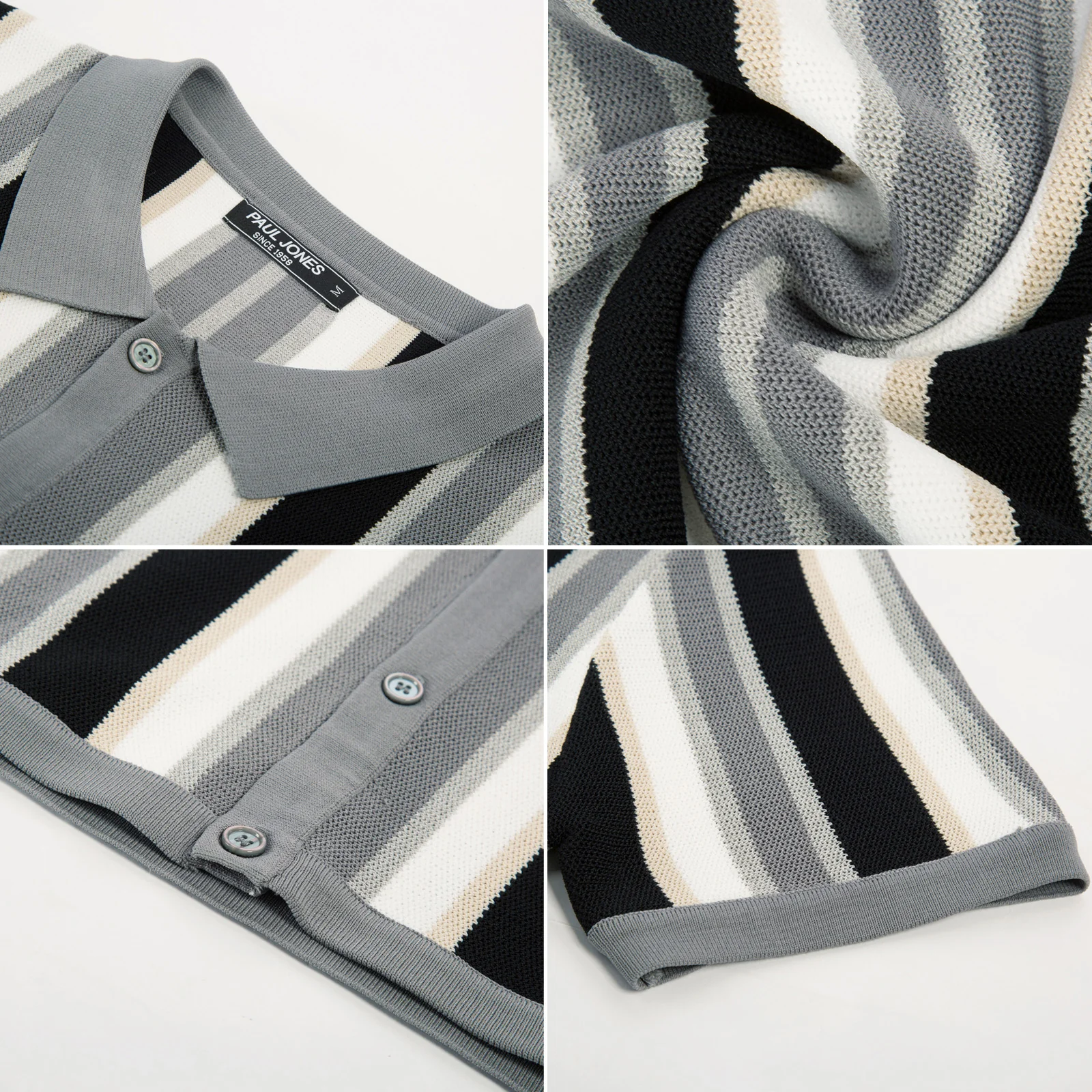 Men’s Short Sleeve Knit Shirt Vintage Stripe Lapel Collar Polo Cardigans Shirts - Image 37