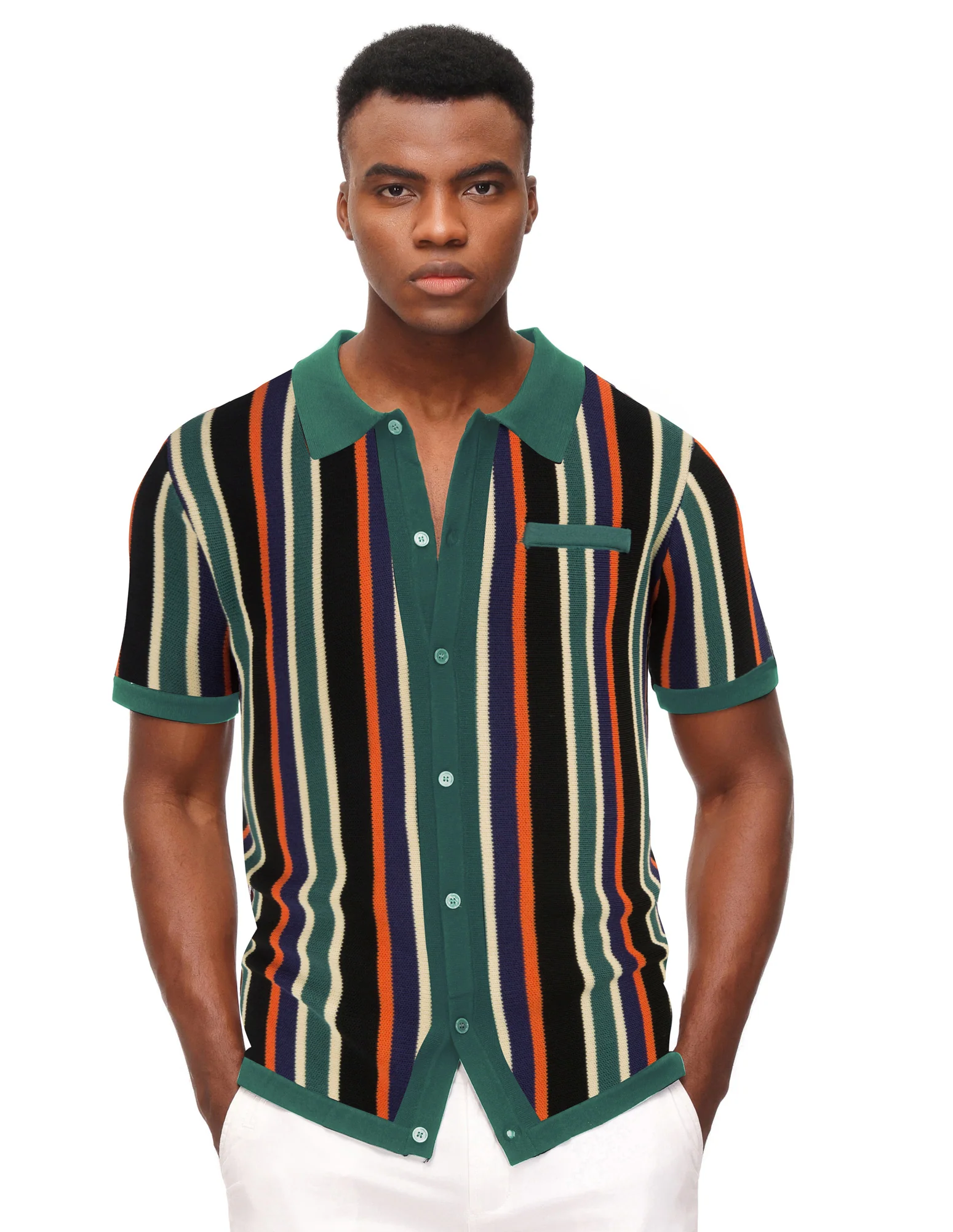 Men’s Short Sleeve Knit Shirt Vintage Stripe Lapel Collar Polo Cardigans Shirts - Image 40