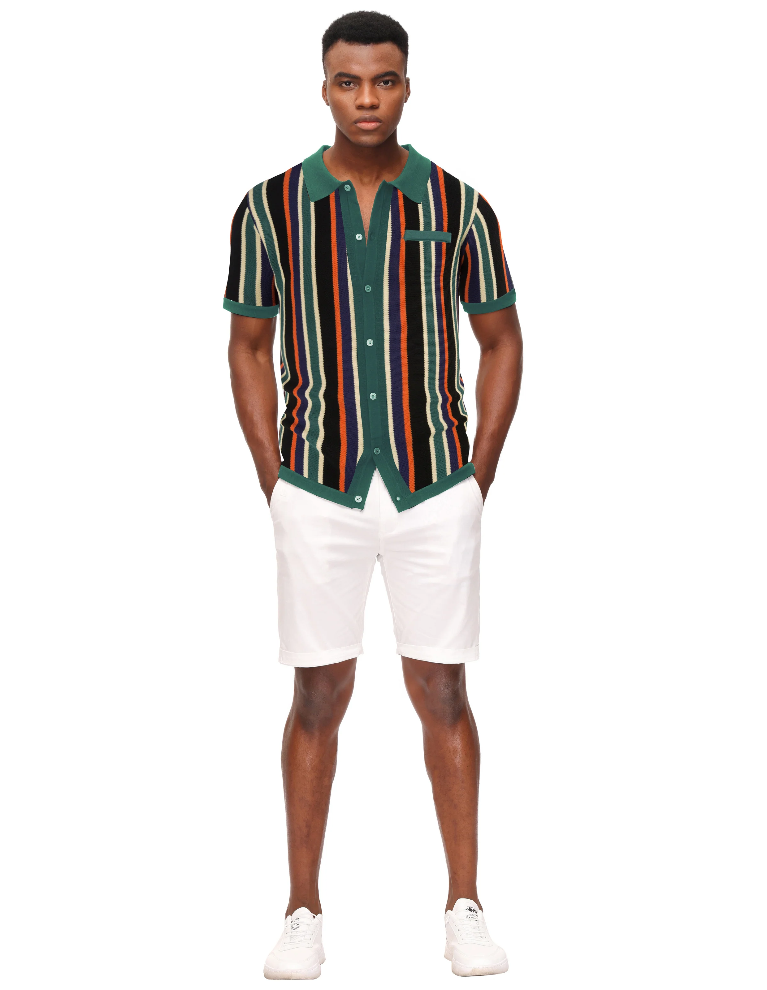 Men’s Short Sleeve Knit Shirt Vintage Stripe Lapel Collar Polo Cardigans Shirts - Image 41